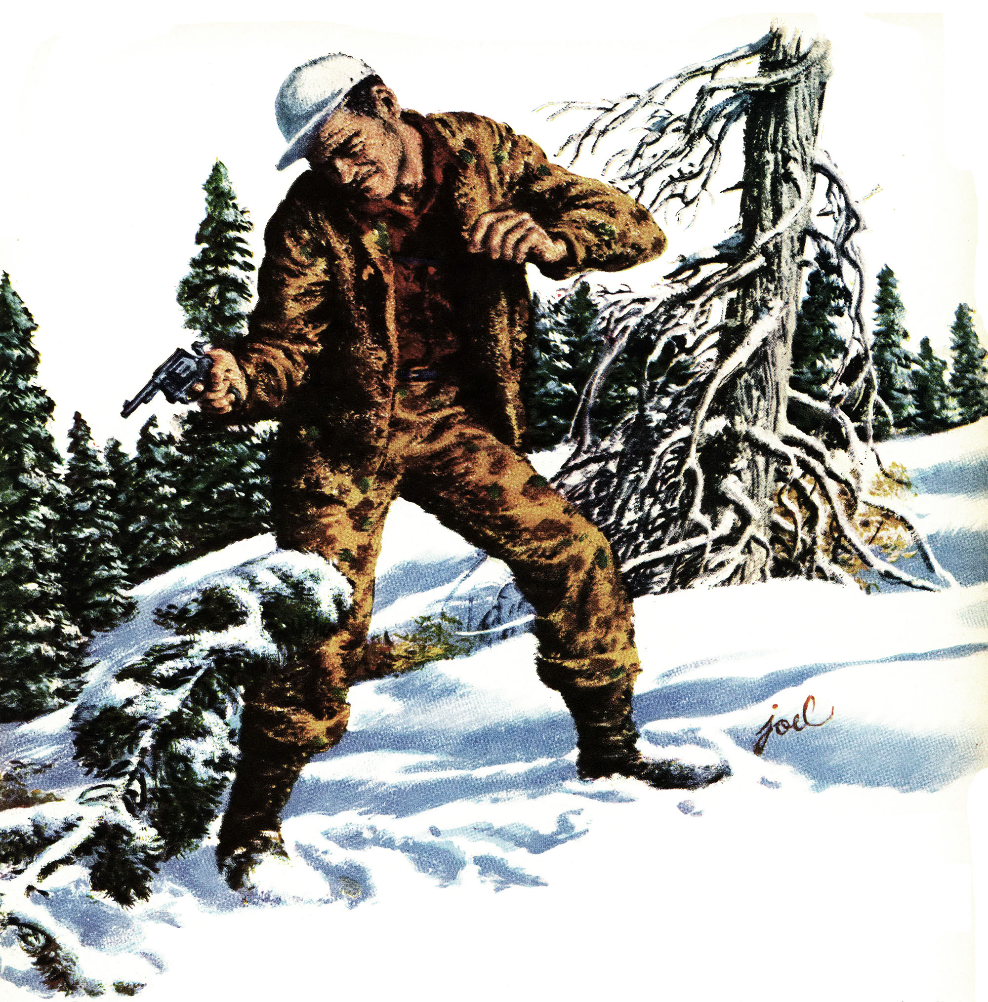 A man stands in the snow.