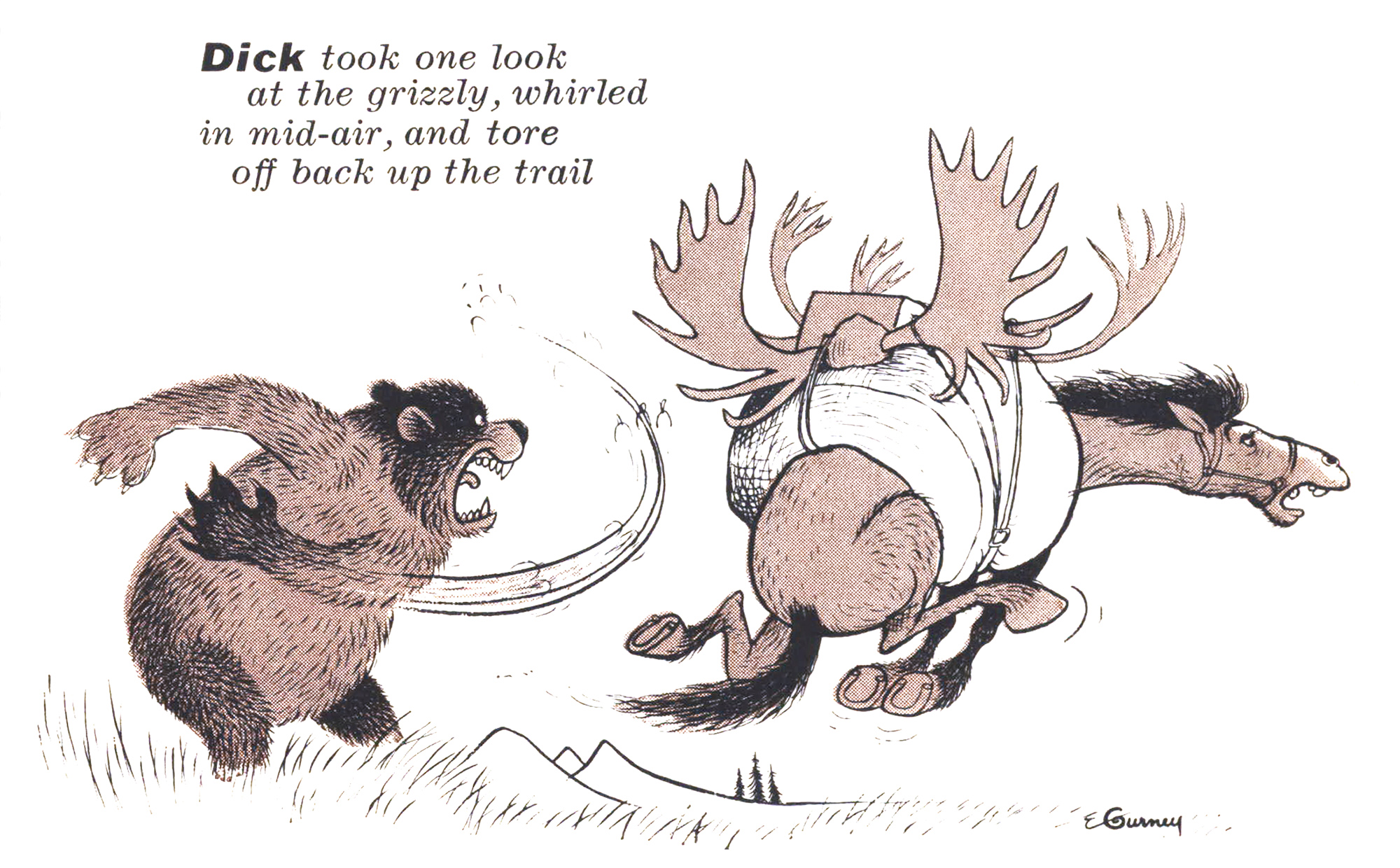 A cartoon illustration of a bear swiping at a packhorse.