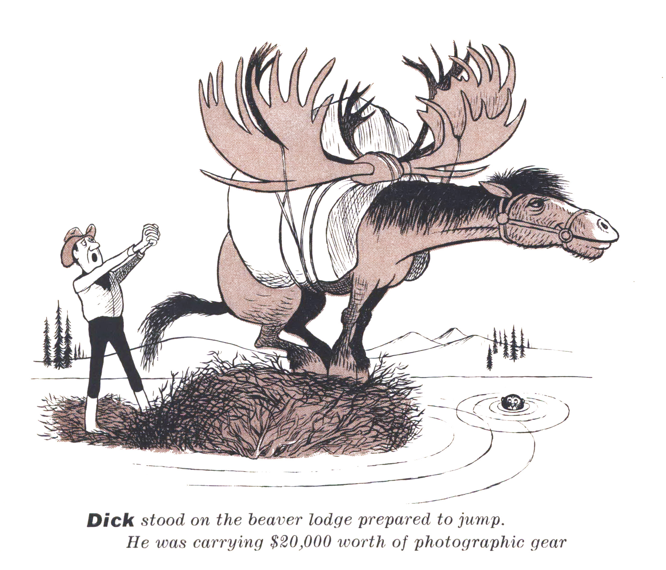 A cartoon illustration of a packhorse standing on a beaver lodge preparing to jump off into the river.