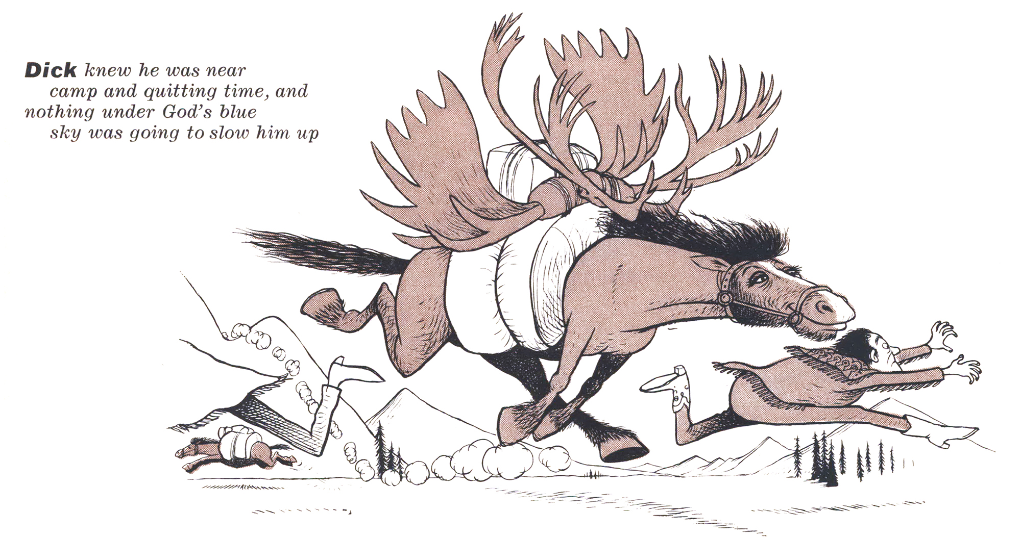 A cartoon illustration of a packhorse with big moose antlers smelling the born.
