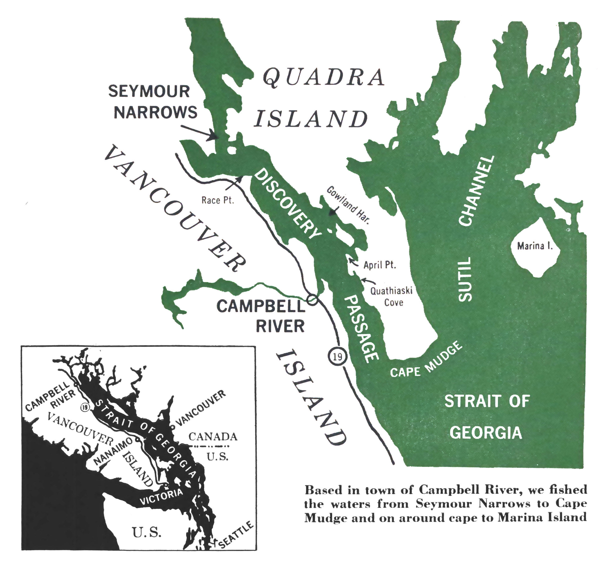 A vintage map illustration of Campbell River and Quadra Island and Vancouver Island