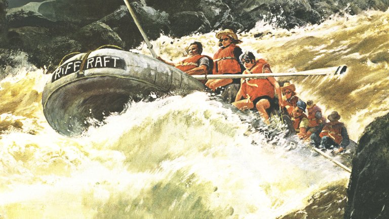 An illustration of a raft full of paddlers running through a huge flooded rapid on the middle fork