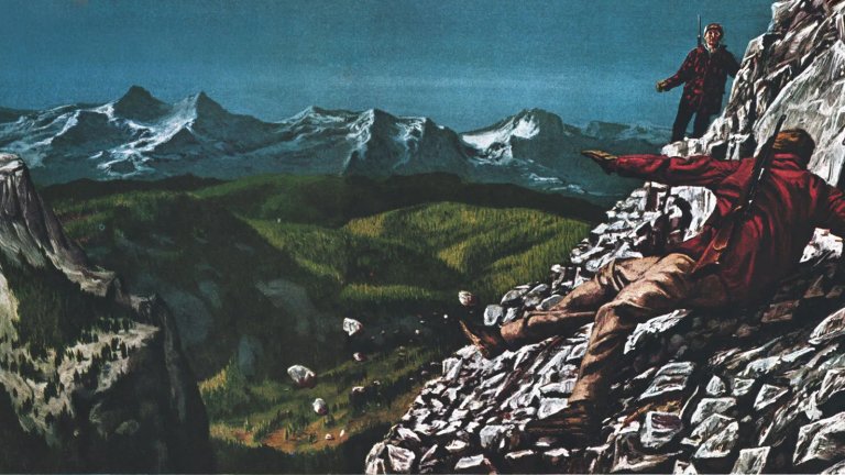 A sheep hunter slips and falls as he decides he can't make it to the sheep.