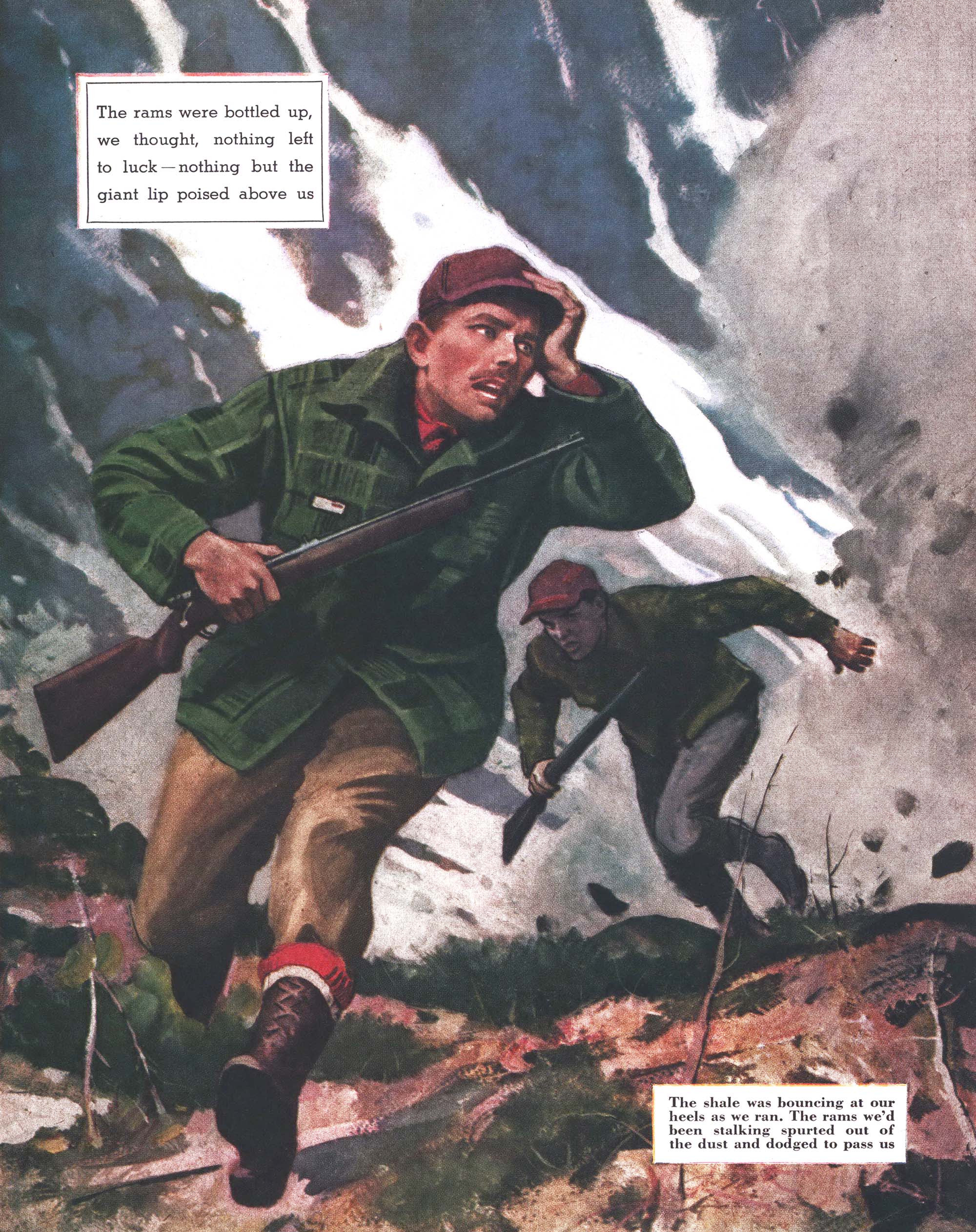 Two hunters run from an avalanche