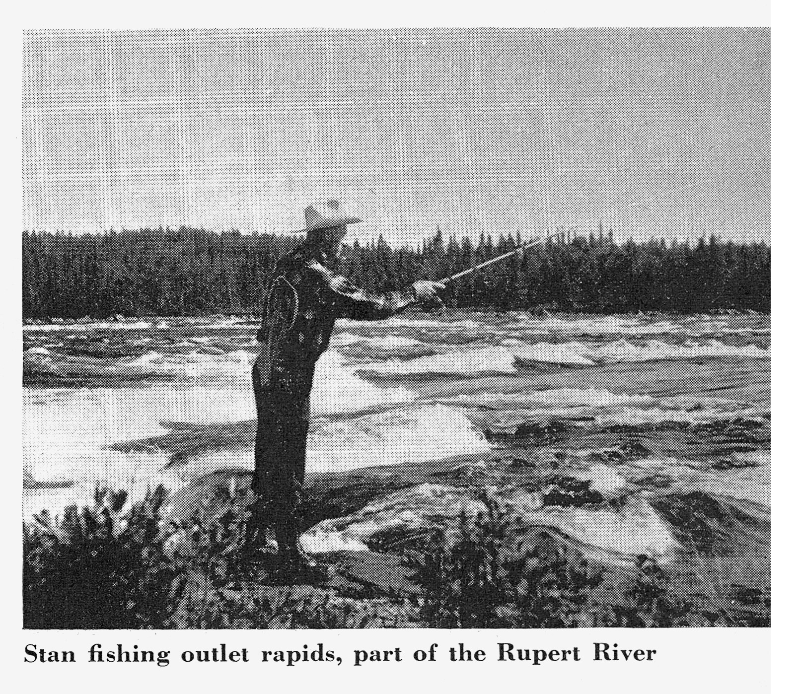 An angler casts from a flat rock ledge into the outlet rapids of the Rupert River.