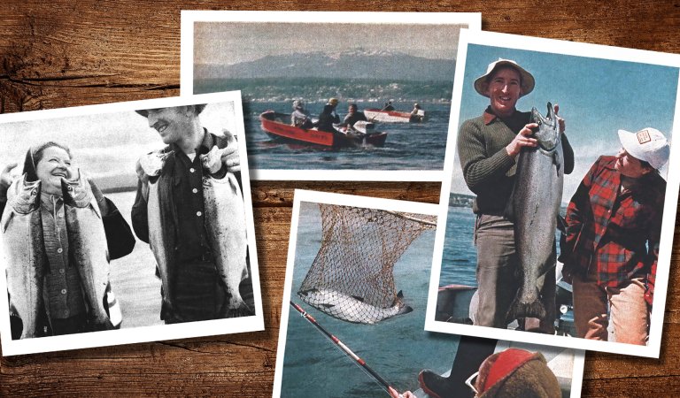 A collection of vintage images of salmon fishing.