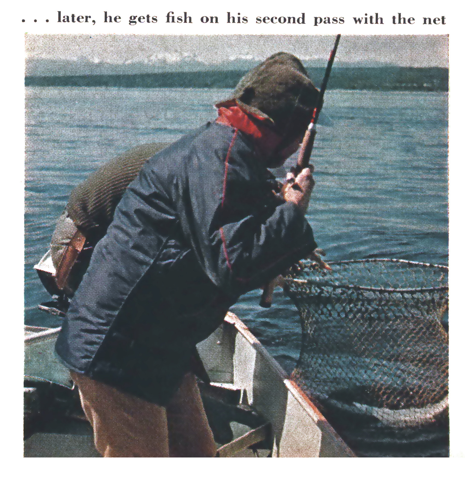 A vintage color film photo of a woman landing a salmon.