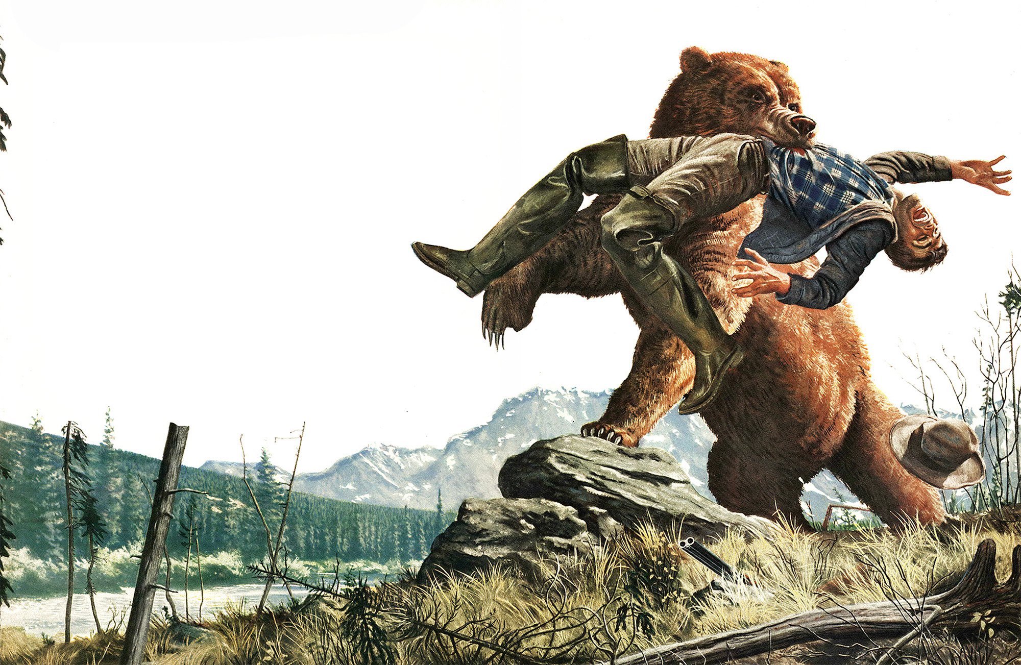 An illustration of a bear shaking a man by the torso.