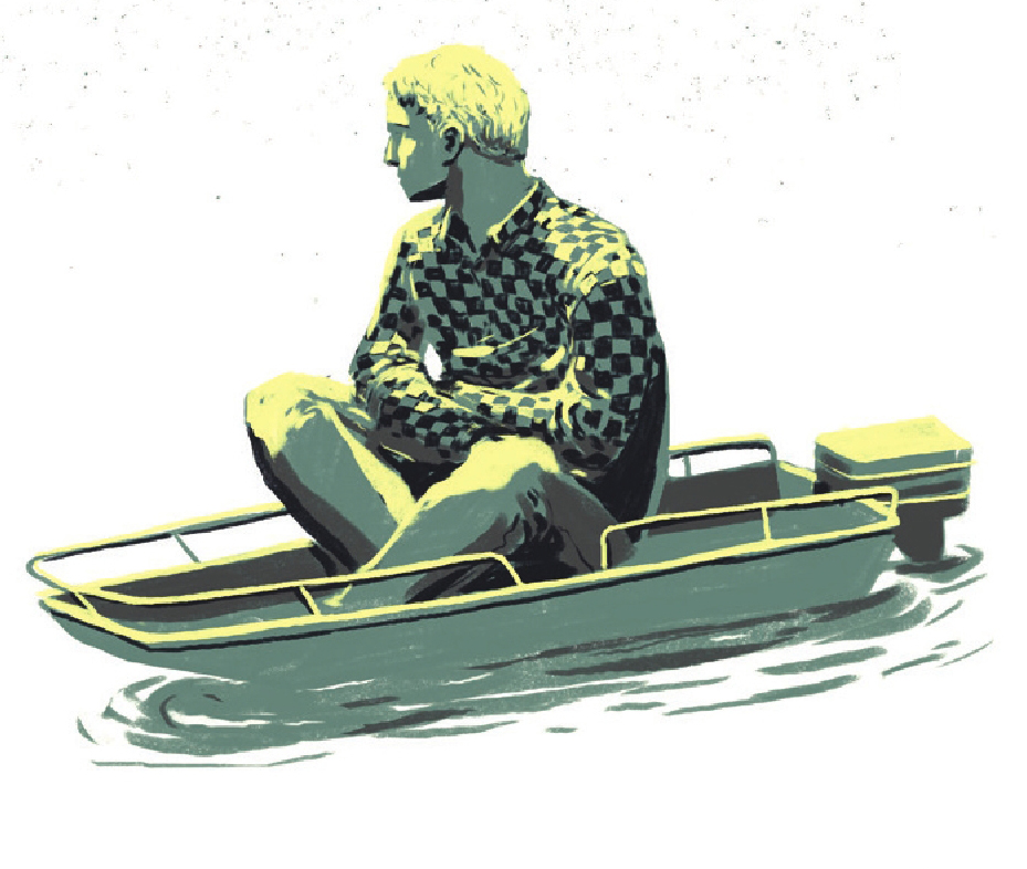 an illustration of a man in a comically small fishing boat