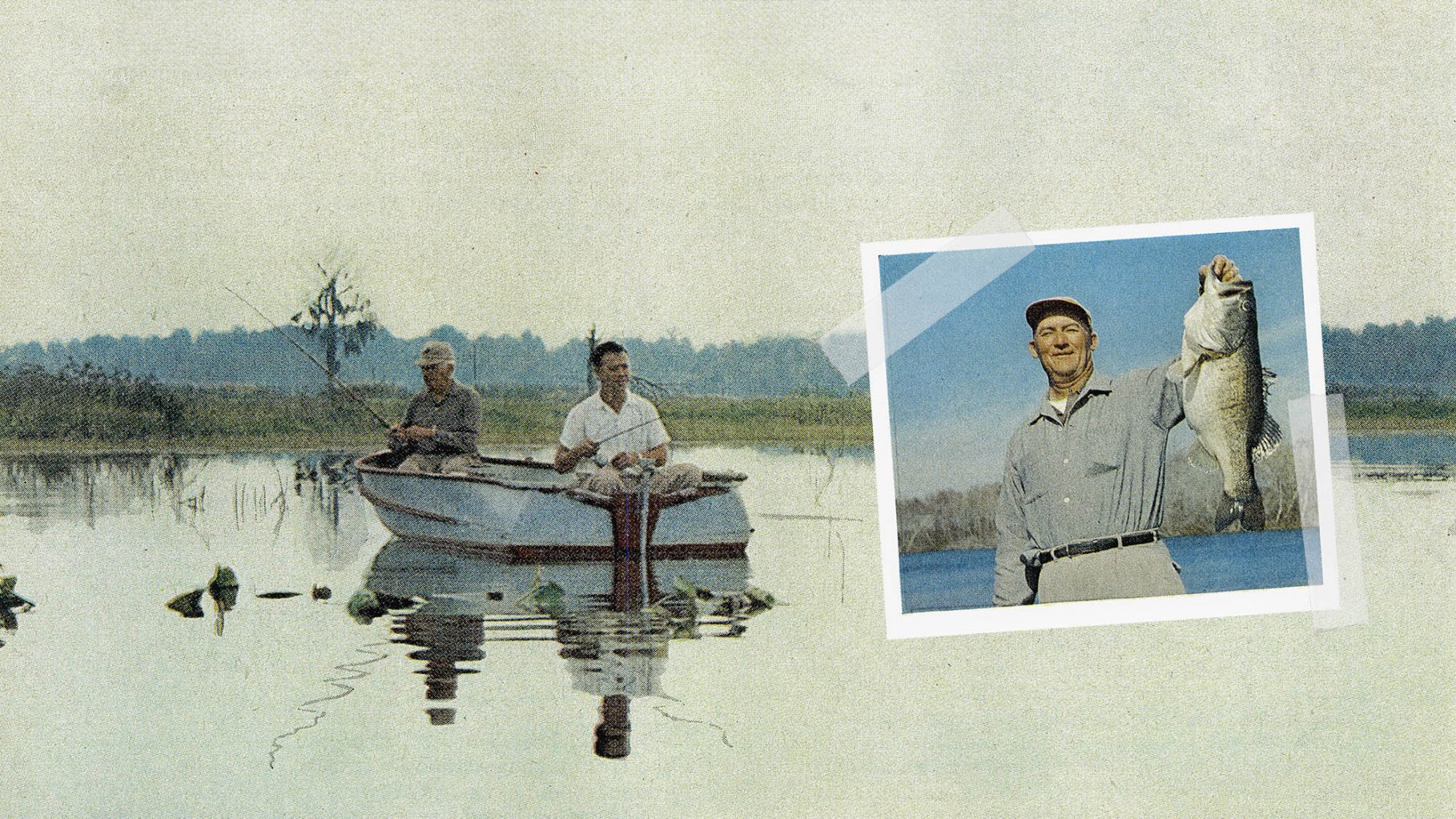 A composite image of a big bass caught from a little lake in a vintage color film photo