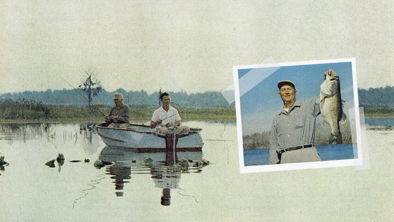 A composite image of a big bass caught from a little lake in a vintage color film photo