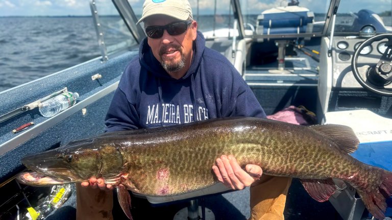 A vermont angler holds up a giant muskie.