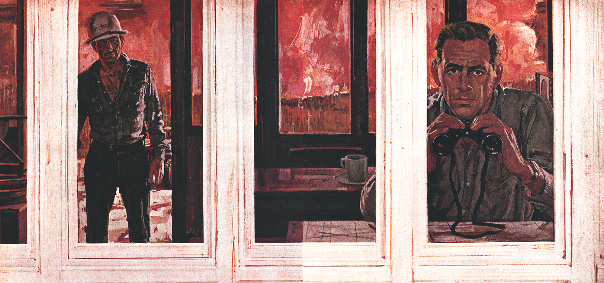 An original color painting of a firetower lookout watching the flames of a wildfire