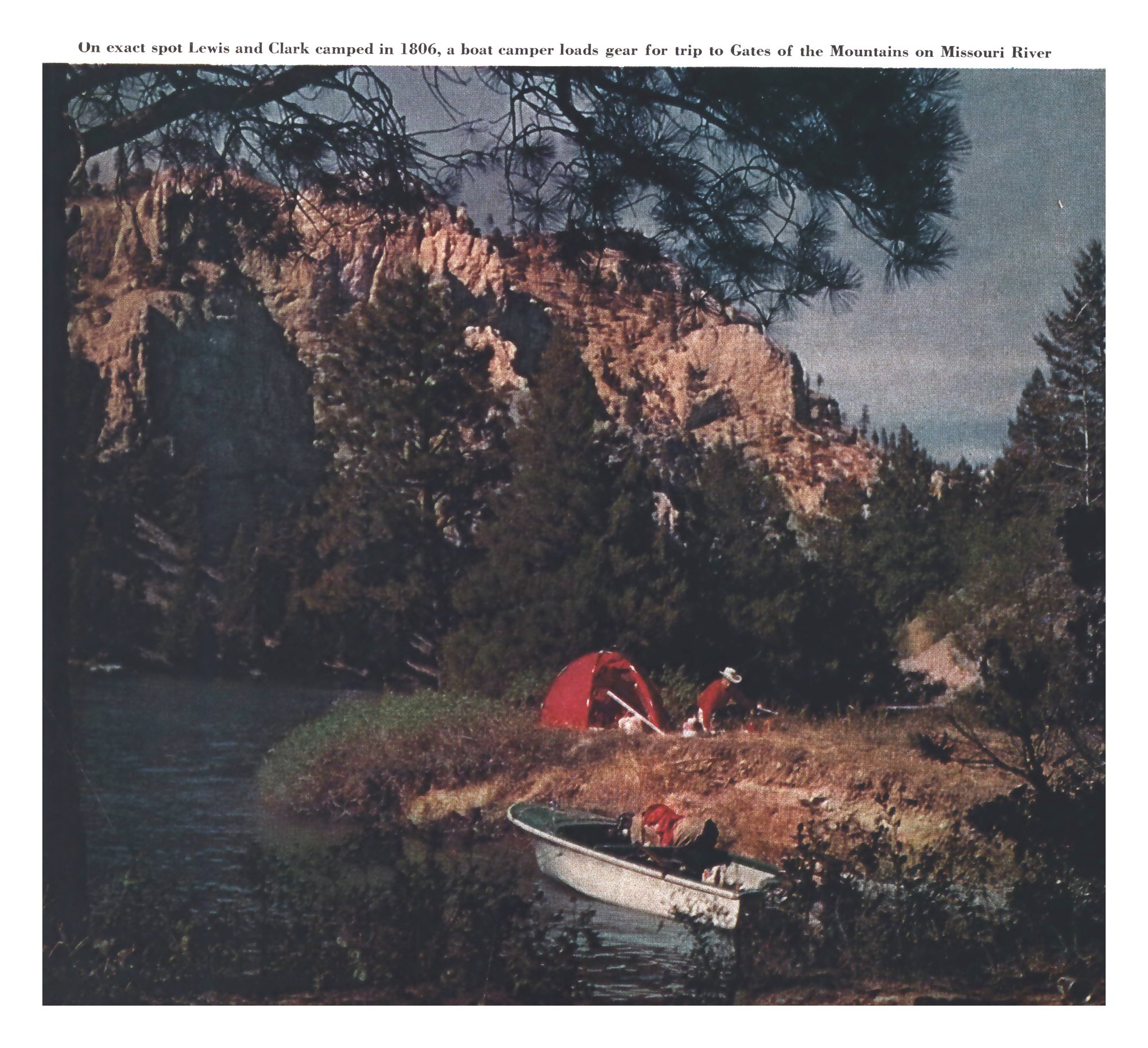 A vintage color photo of boat camping
