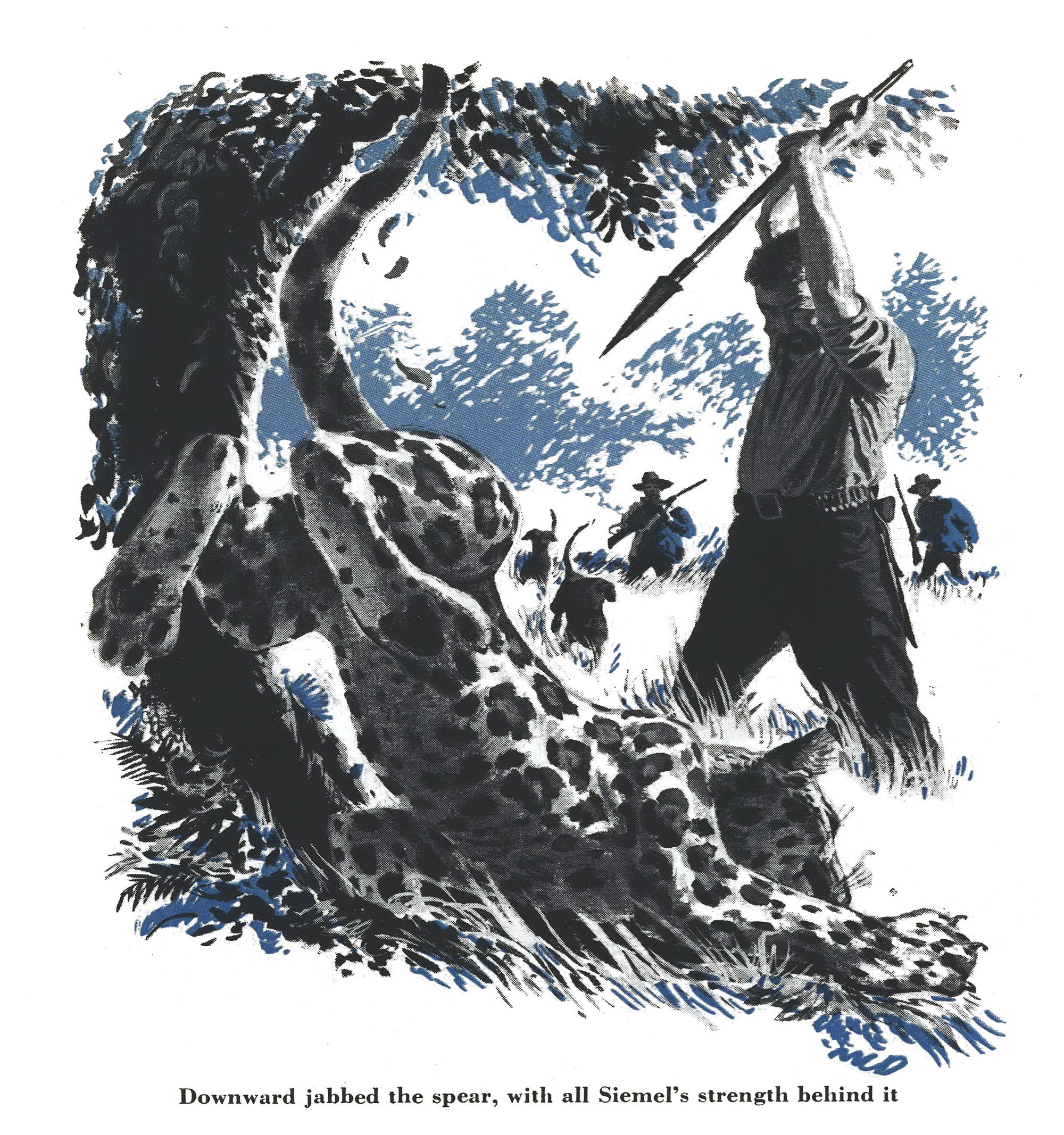 Illustration of Siemel driving a spear downward into a jaguar at close range as mounted guides and hounds close in behind.