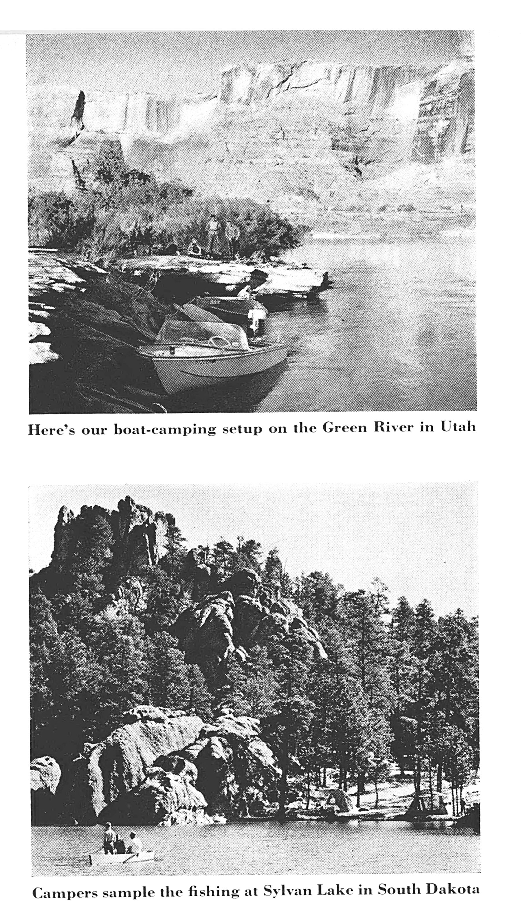 Black and white photos of boat camping