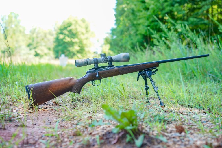 A CZ 457 American with a walnut stock.