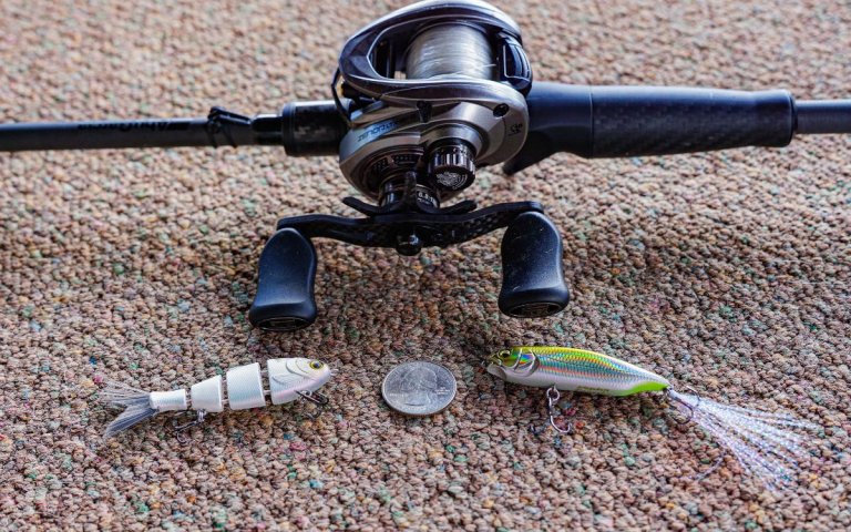 Two BFS lures and the rod and reel used to throw them