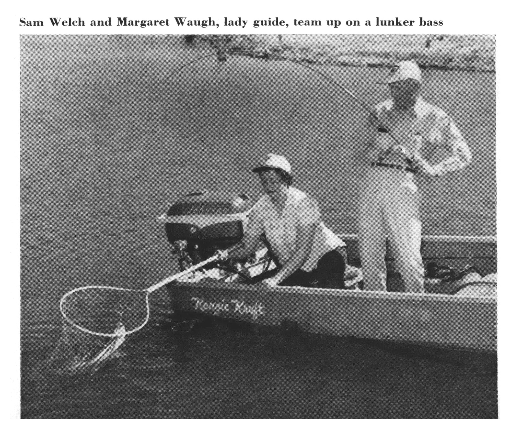 Guide Margaret Waugh reaches out with a landing net boat-side while Sam Welch fights a bass on a bent rod in an aluminum boat.