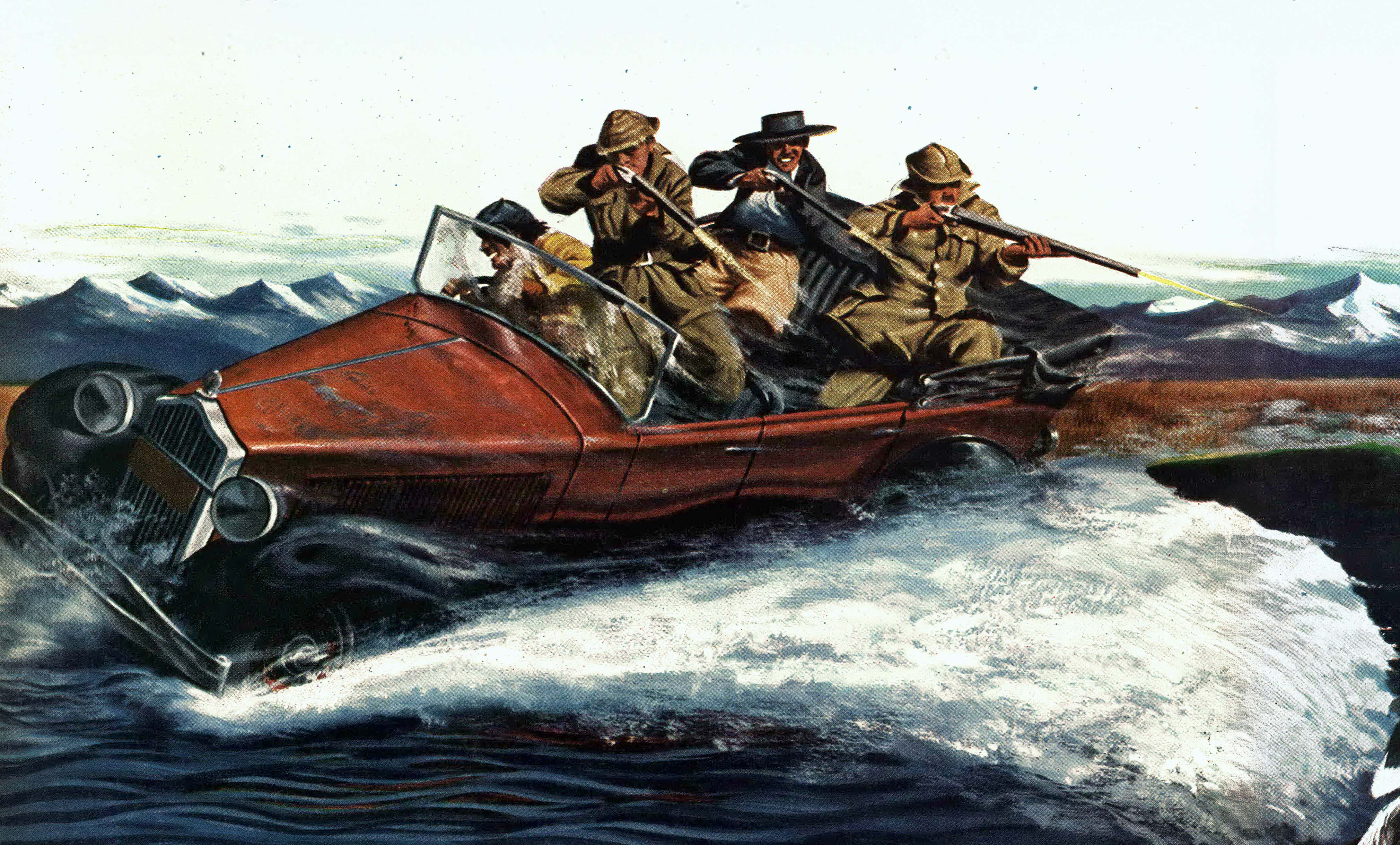 An illustration of men shooting at ducks from a car in a lake