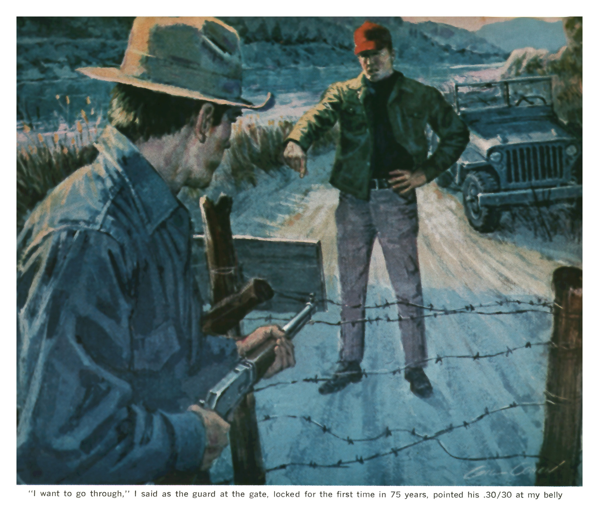 Color illustration by Gil Cohen of a hunter in a fedora holding a rifle facing a Flying D Ranch guard in a red cap standing hand-on-hip beside a barbed-wire gate and a parked jeep on a dirt road.