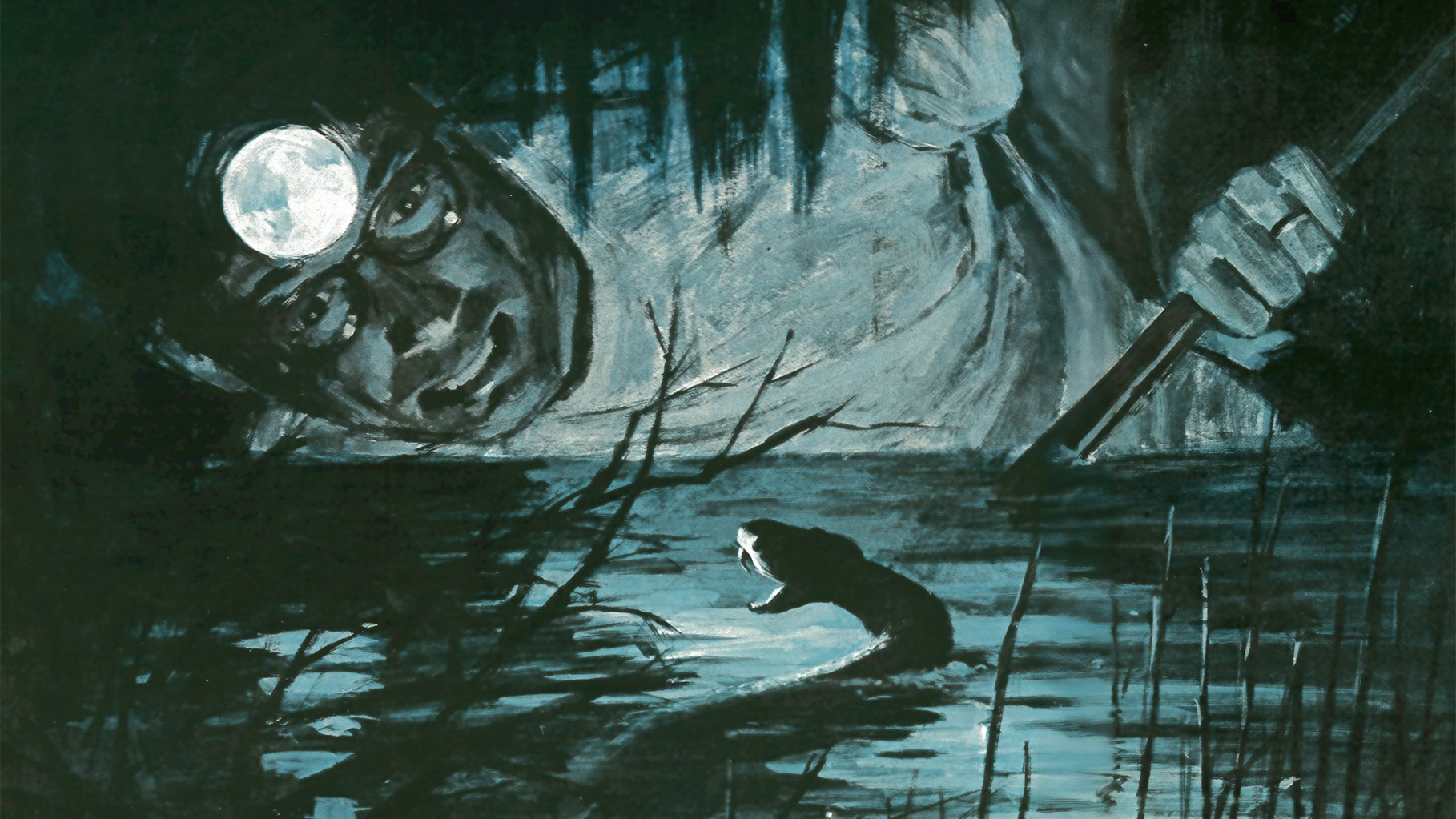 A moody blue-toned two-page illustration: a headlamp-wearing hunter lies in swamp water at night while a cottonmouth rears up with its mouth open; at right, a hand grips a snake hook reaching toward the snake.