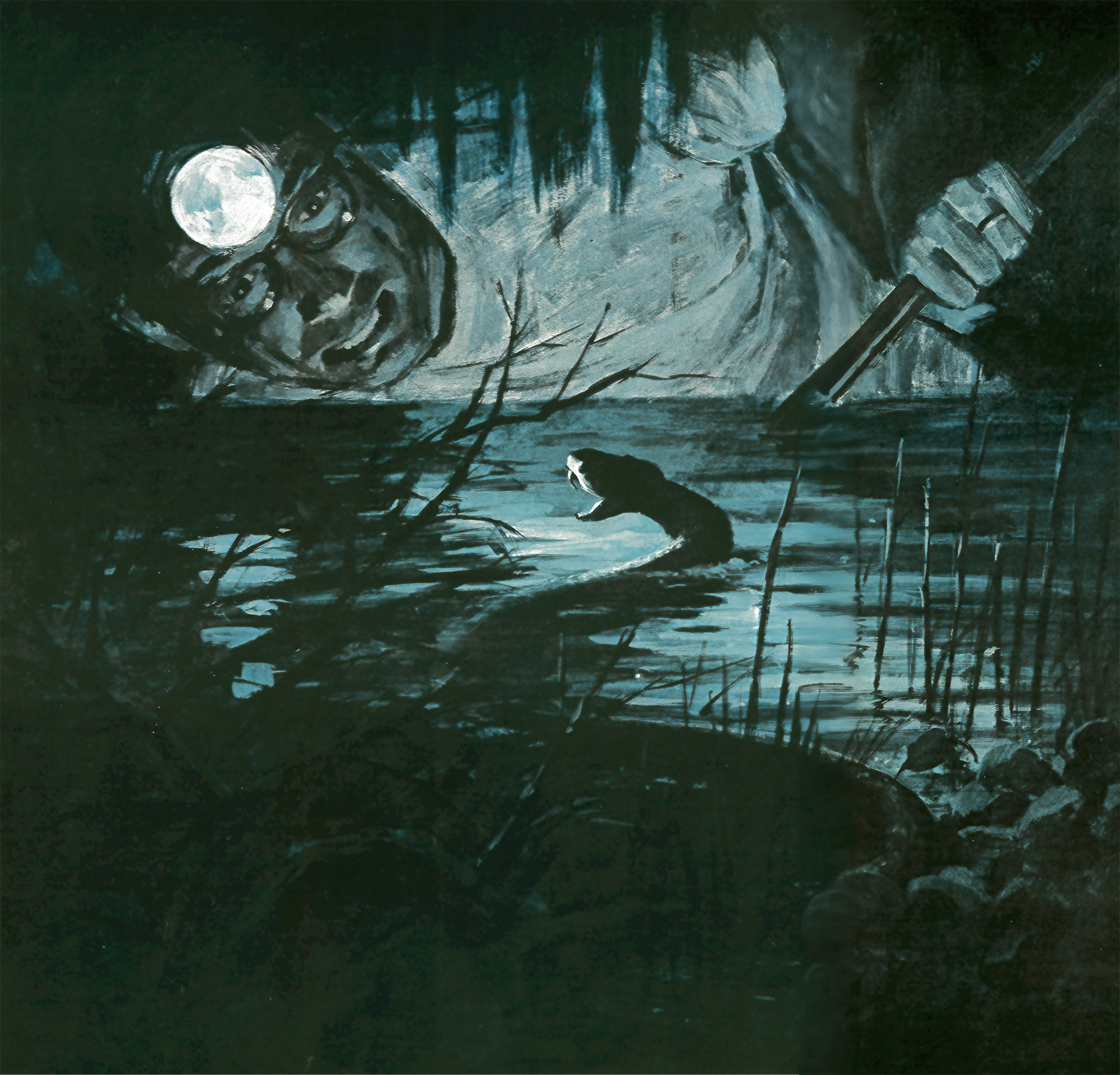 A moody blue-toned two-page illustration: a headlamp-wearing hunter lies in swamp water at night while a cottonmouth rears up with its mouth open; at right, a hand grips a snake hook reaching toward the snake.