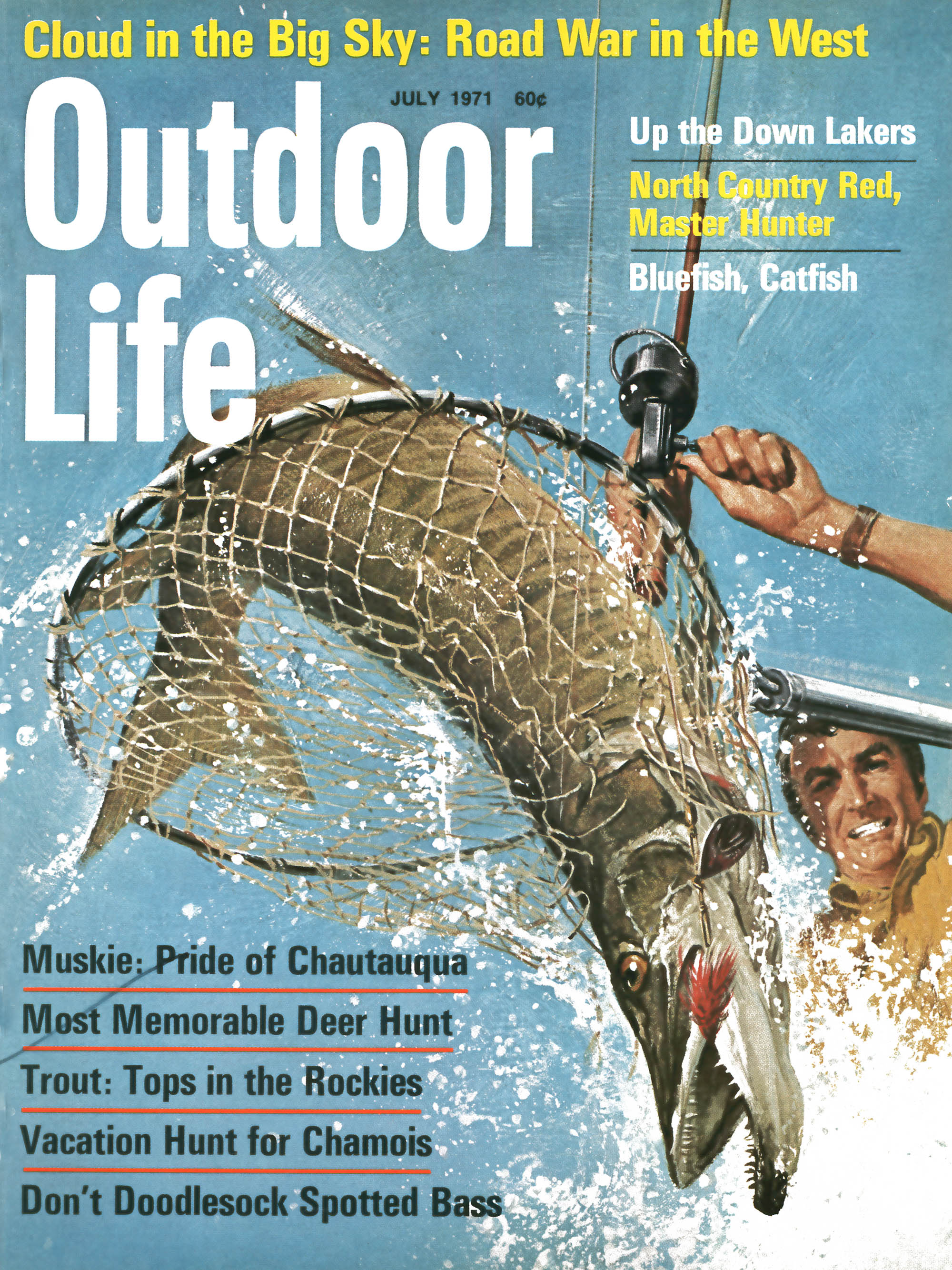 A July 1971 cover of outdoor life featuring a leaping muskie.