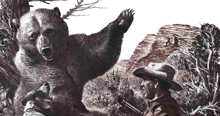 A bear swipes at a hunter and his hounds
