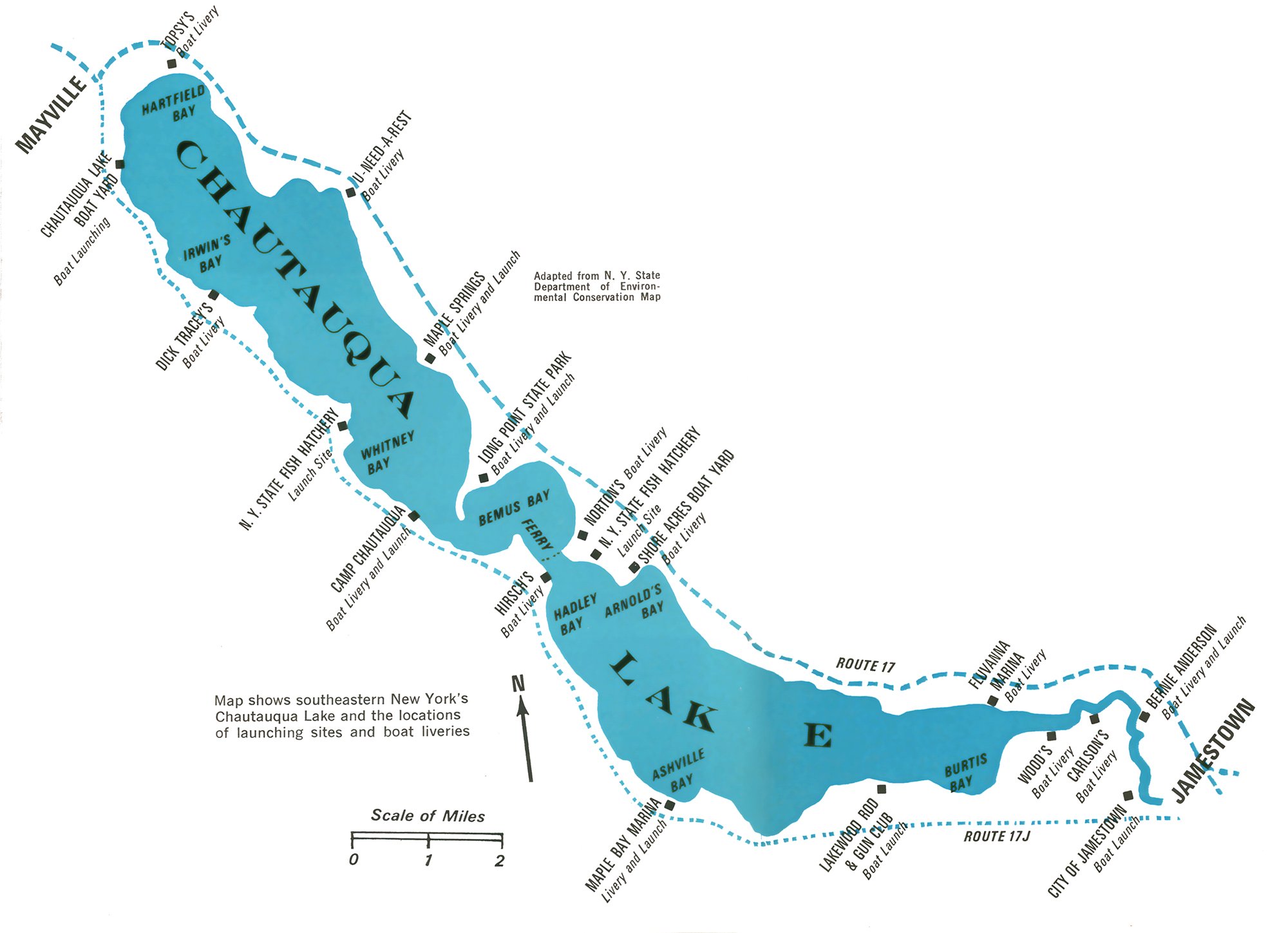 Illustrated map of Chautauqua Lake in southwestern New York showing its bays, boat liveries and launch sites from Mayville southward.