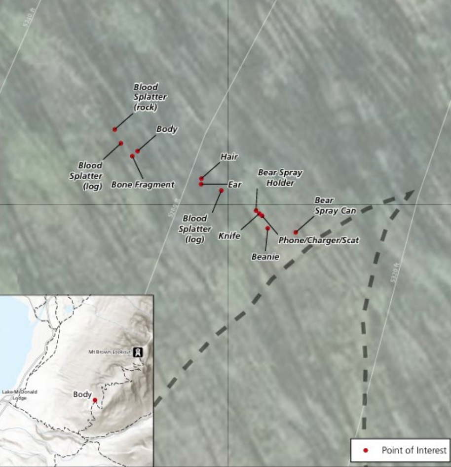 An evidence map from Anthony Pollio's fatal grizzly mauling.