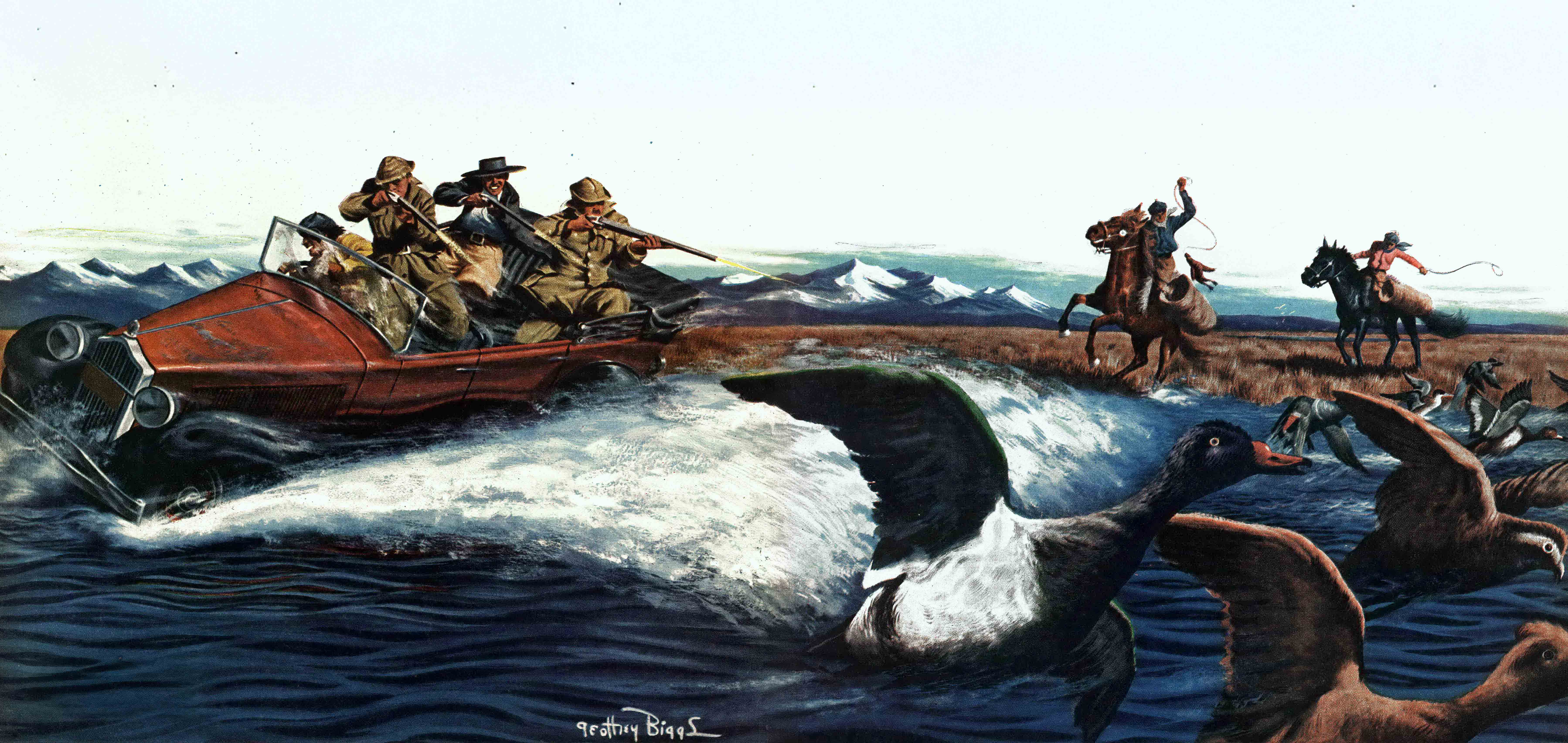 An illustration of men jumping ducks with an old car and gauchos retrieving them