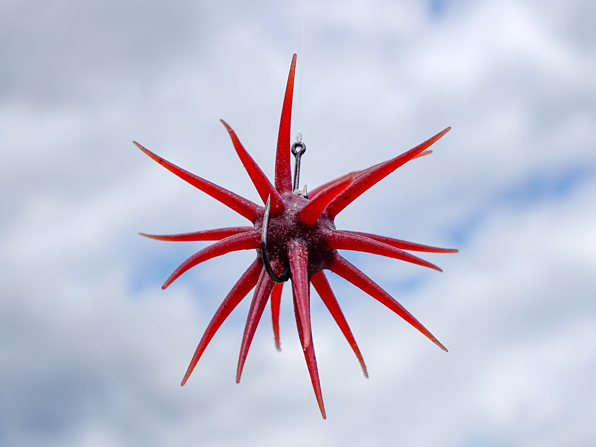 A purple urchin bait against a sky background with some clouds.