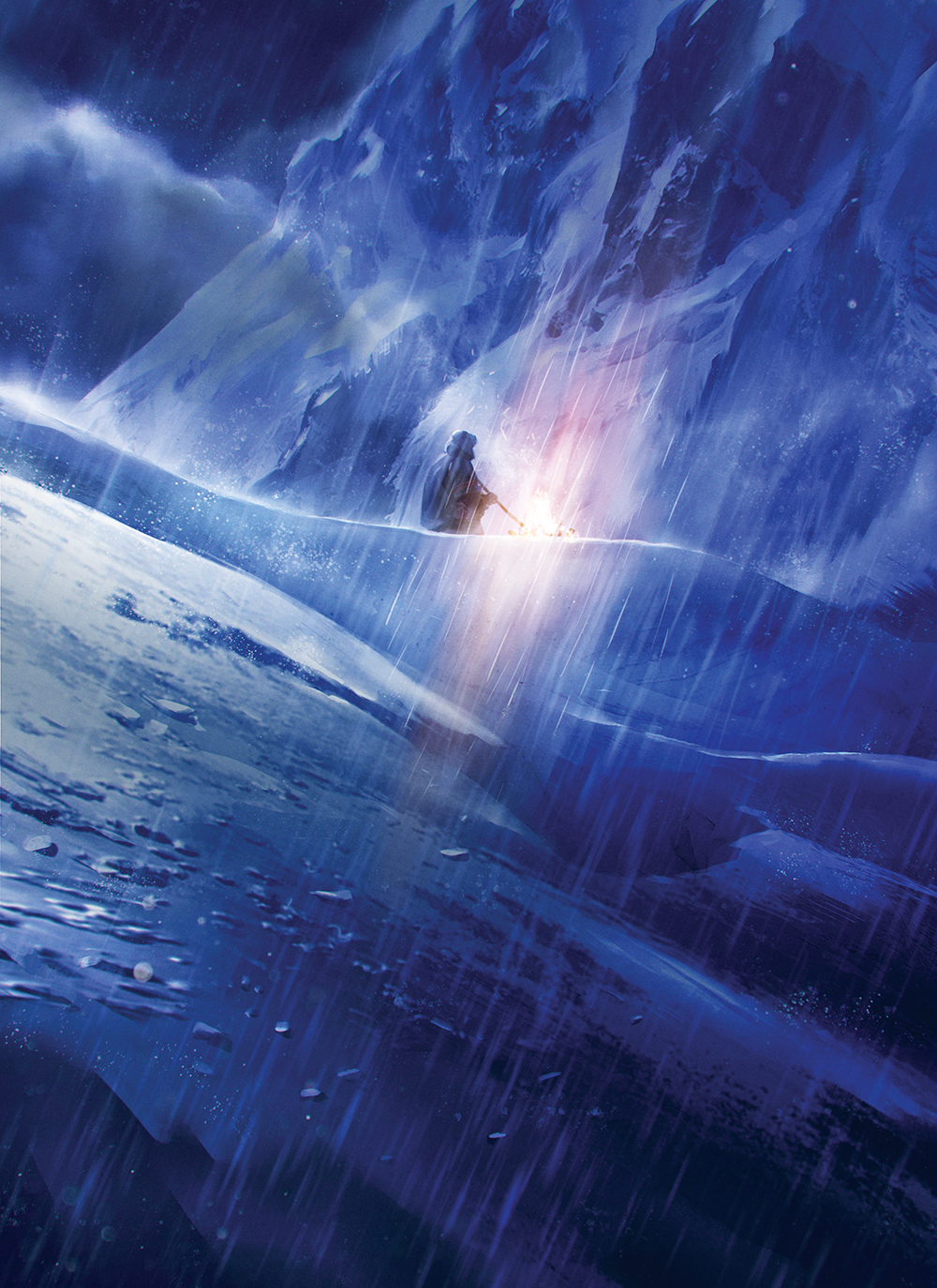 A vertical blue illustration of a fire on a snowy rainy mountain.