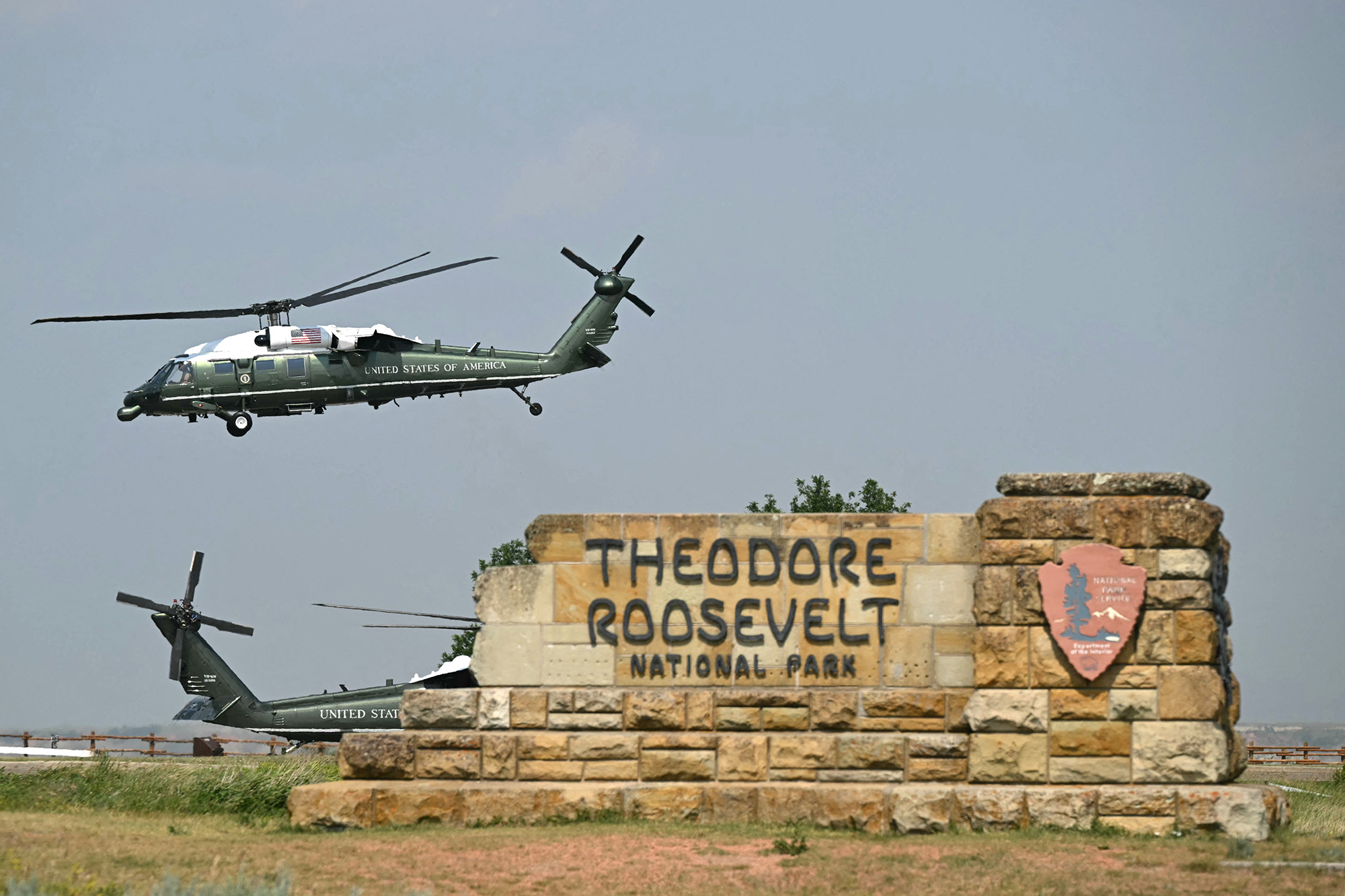 Marine One carrying US President Donald Trump lands at Painted Canyon Landing Zone in Belfield, North Dakota, on July 1, 2026. President Trump is heading back to Washington, DC after participating in the Theodore Roosevelt Presidential Library Opening Ceremony in Medora, North Dakota. (Photo by SAUL LOEB / AFP via Getty Images)