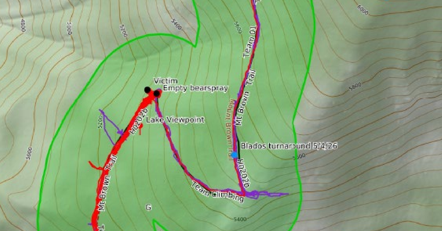 A screenshot of the trail followed during a fatal griz attack in glacier national park