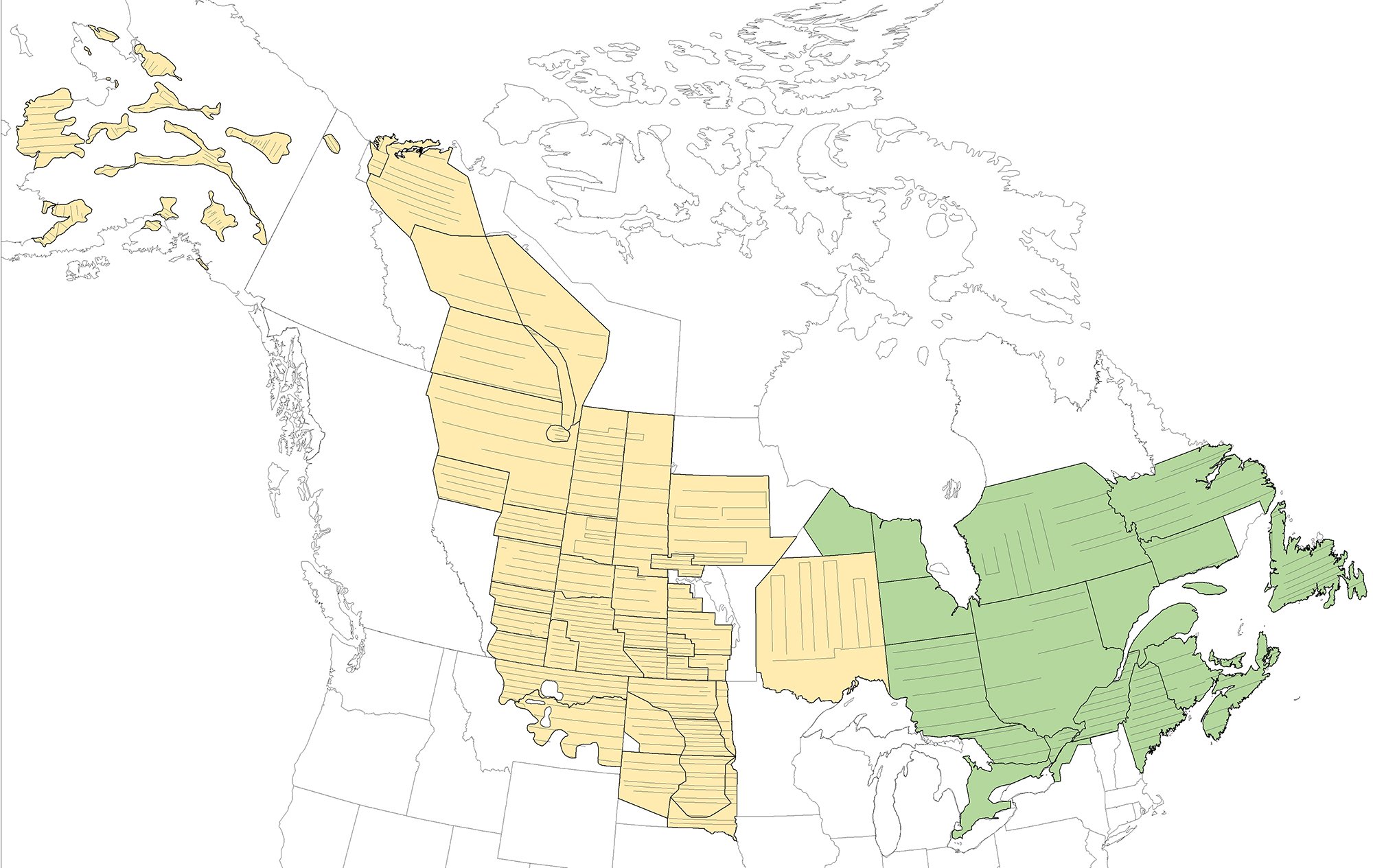 A map of the northern US plus Canada where the annual waterfowl and duck survey is conducted.
