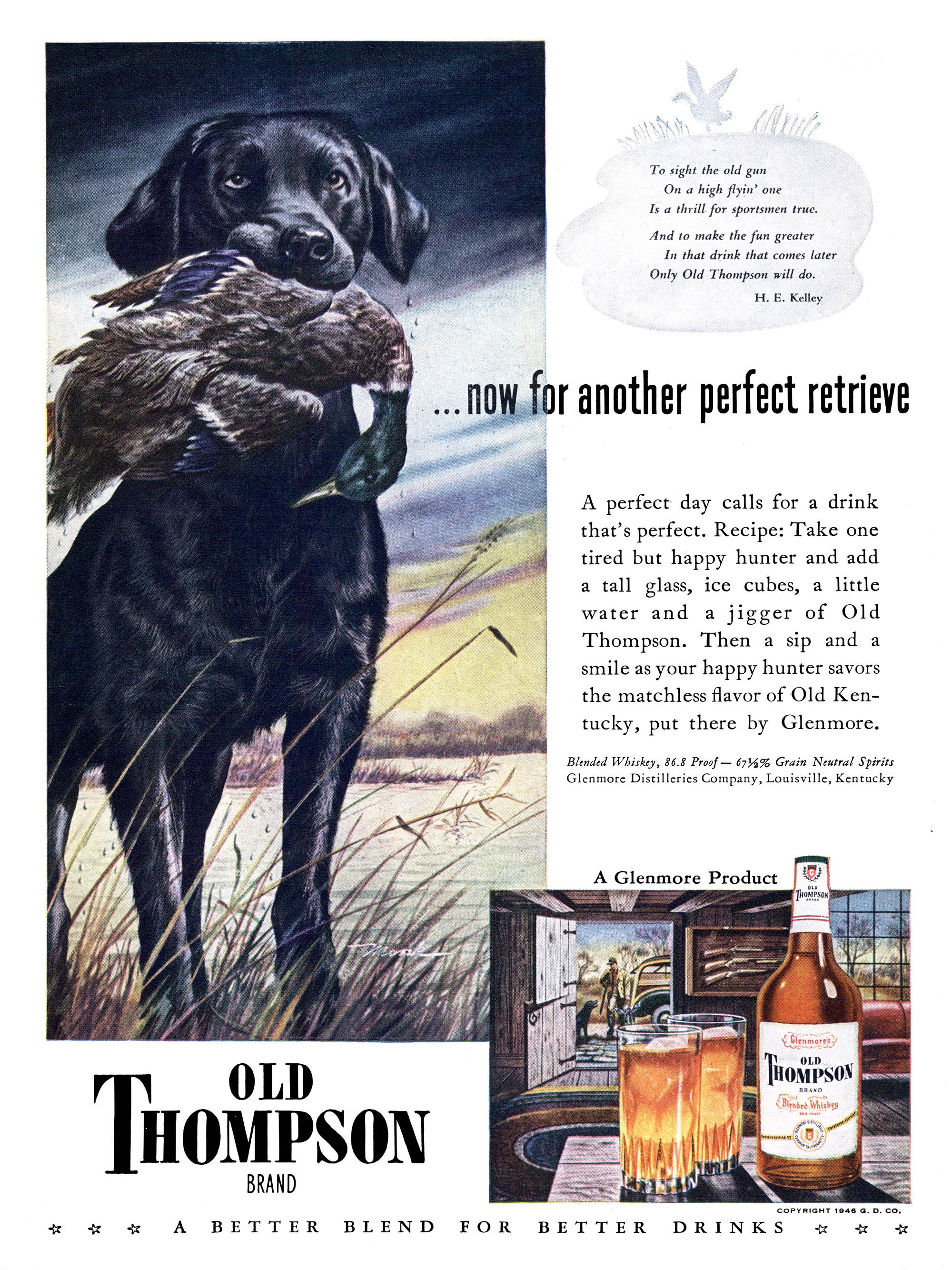A vintage magazine ad from Outdoor Life showing a duck dog in an advertisement for Old Thompson whiskey.