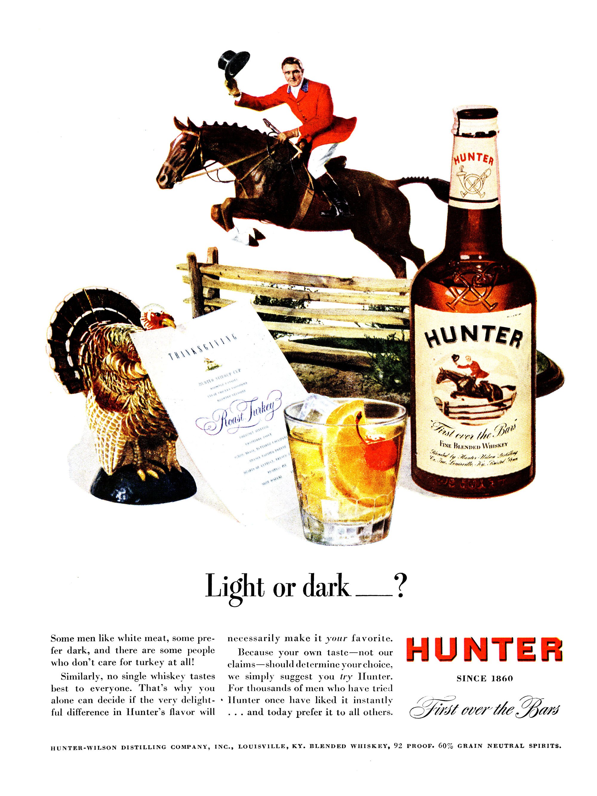 A vintage magazine ad from Outdoor Life showing Hunter whiskey.