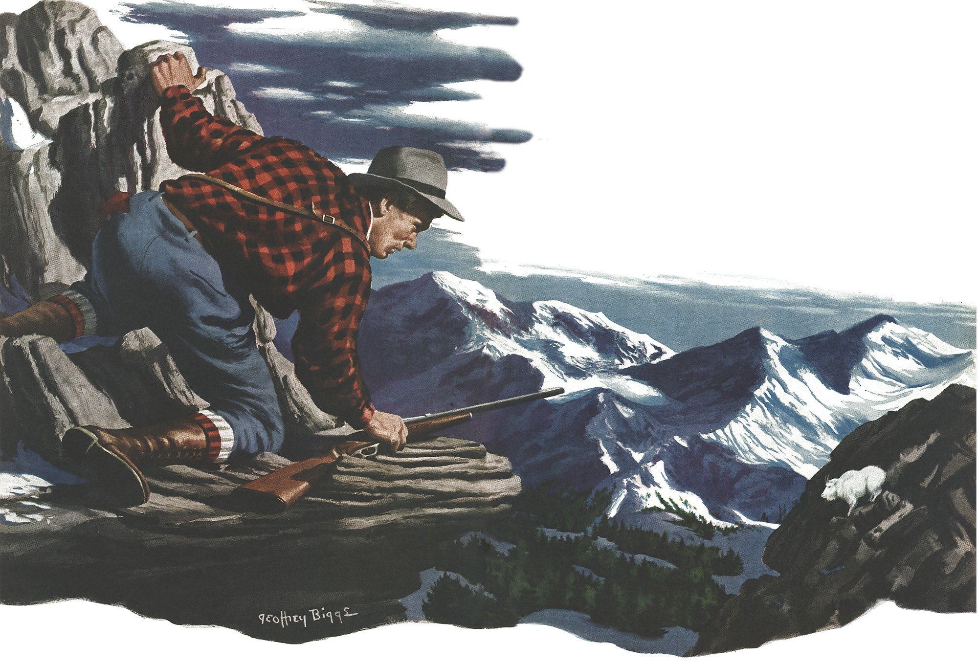 A painting illustration of a hunter in a red-checked shirt sneaking around a mountain with a white mountain goat in the background.