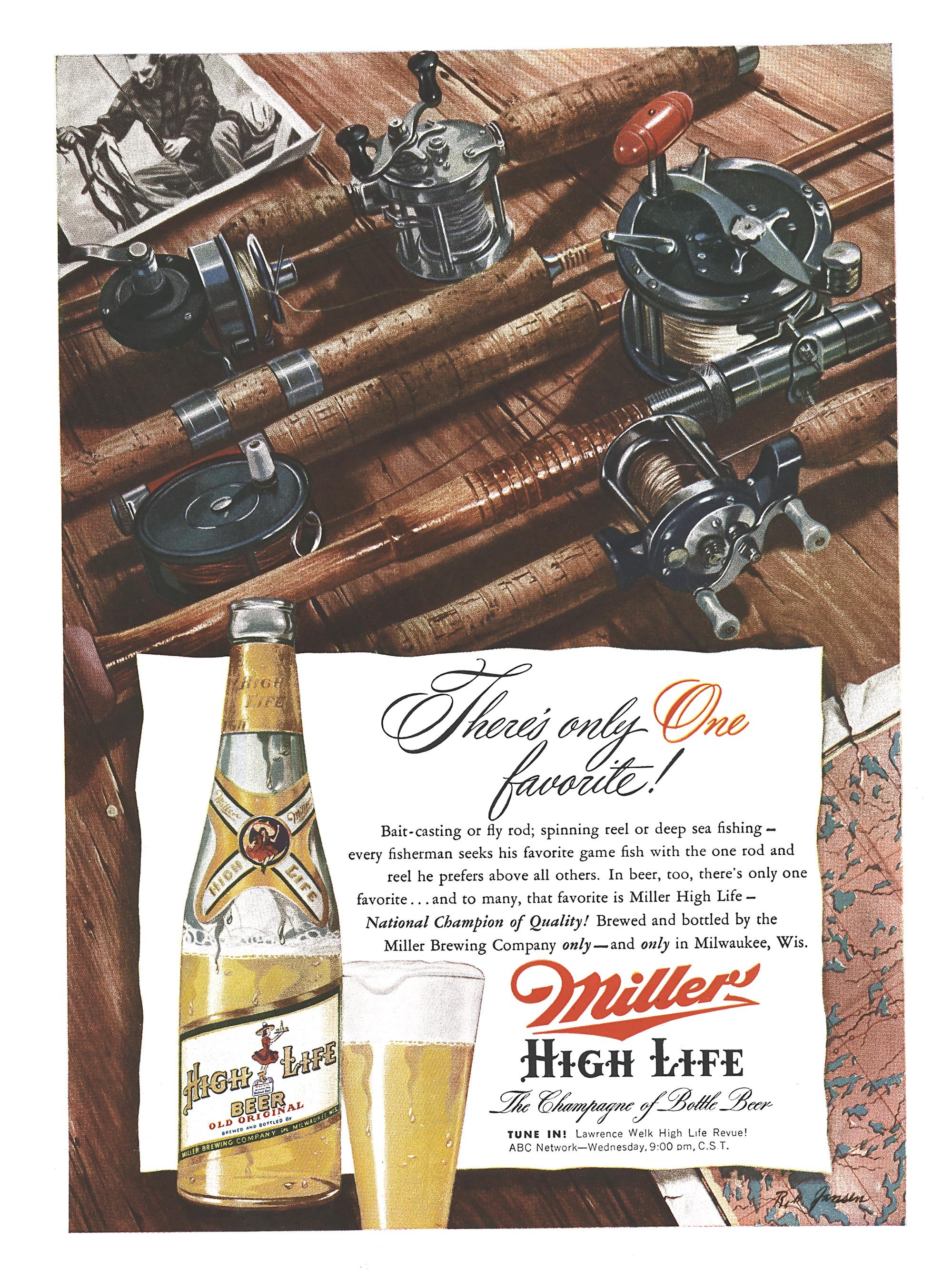 A vintage magazine ad from Outdoor Life showing fishing rods and advertising Miller beer.