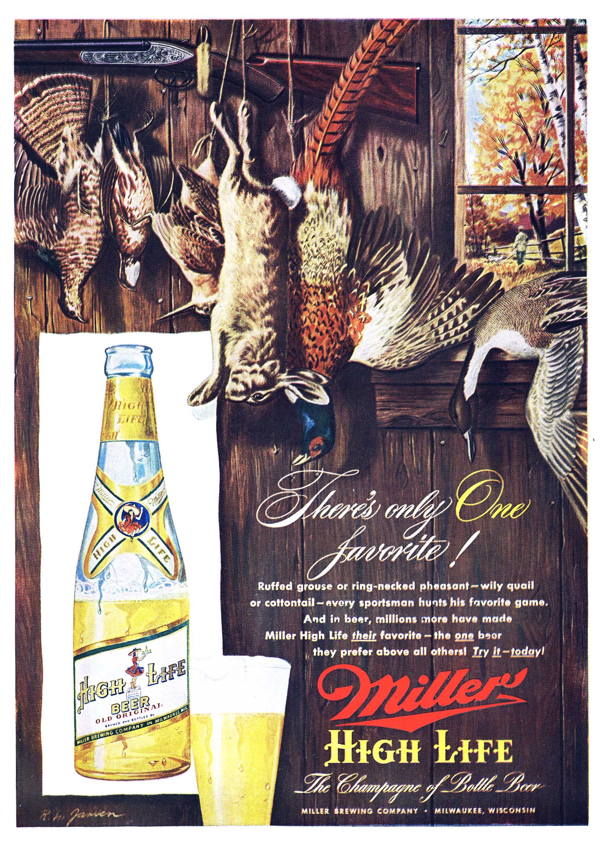 A vintage magazine ad from Outdoor Life showing Miller High Life alongside hanging rabbits and pheasants