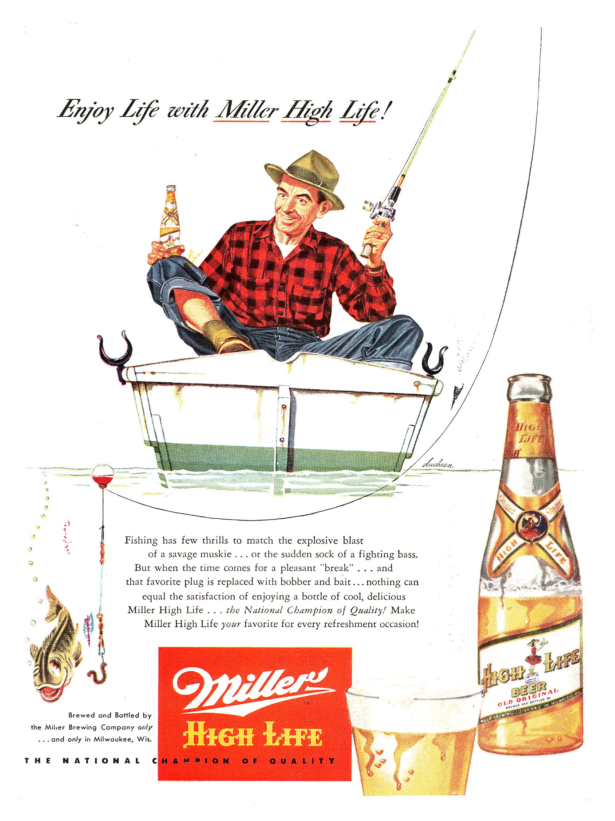 A fisherman drinks a Miller in this vintage magazine ad from Outdoor Life.