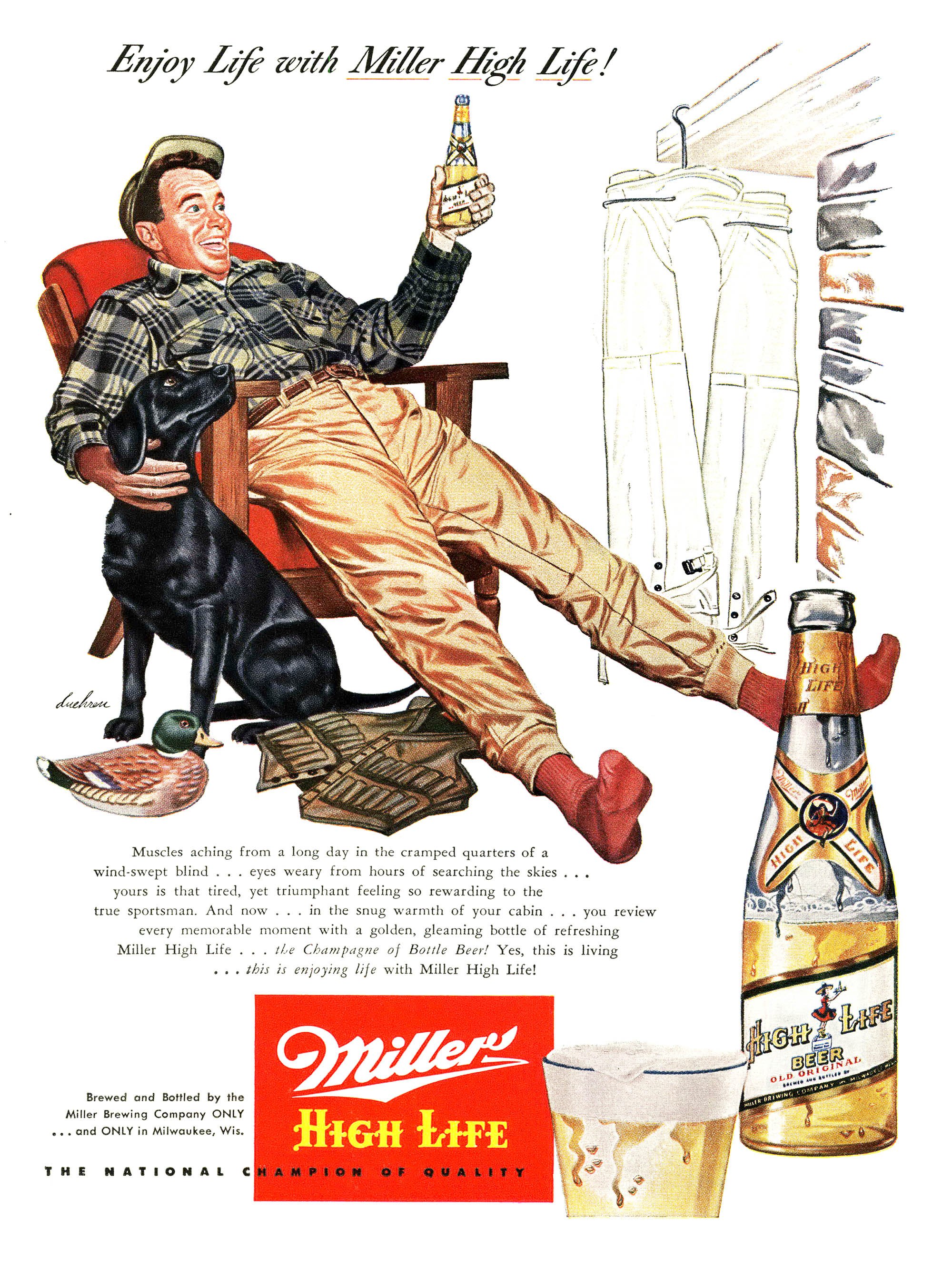 A vintage magazine ad from Outdoor Life showing a duck hunter back by the fire beside his duck dog while drinking a miller.