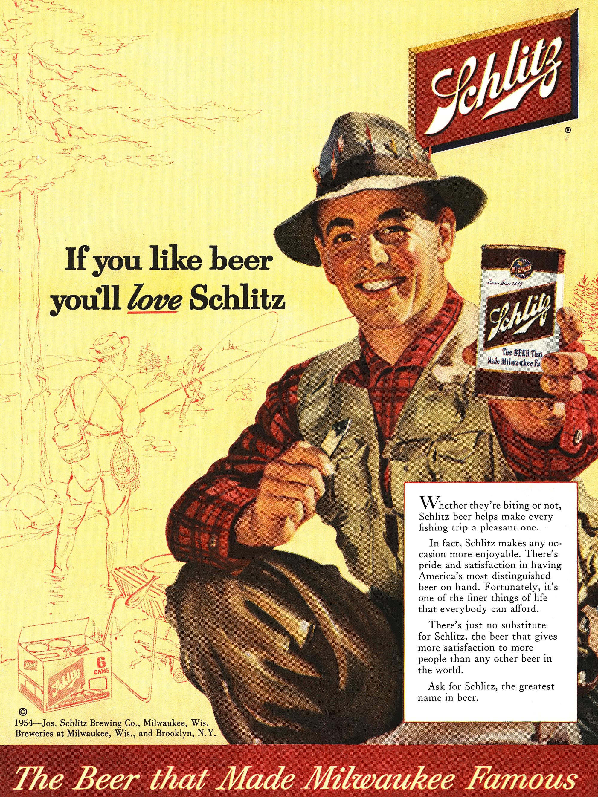 A vintage magazine ad from Outdoor Life showing a fisherman holding up a can of Schlitz beer.