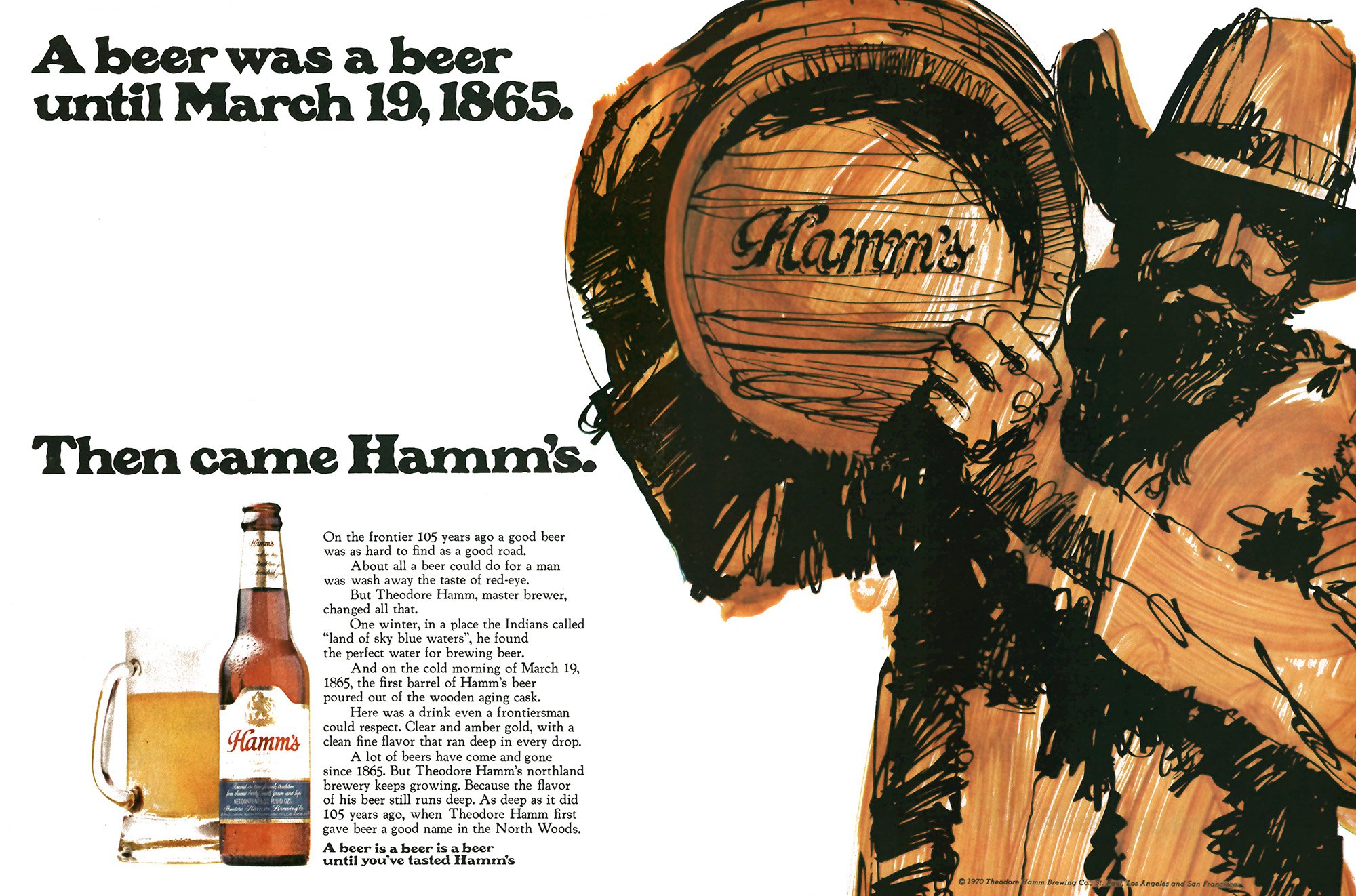 A vintage 2-page magazine ad from Outdoor Life showing a cowboy holding a barrel of Hamms beer.