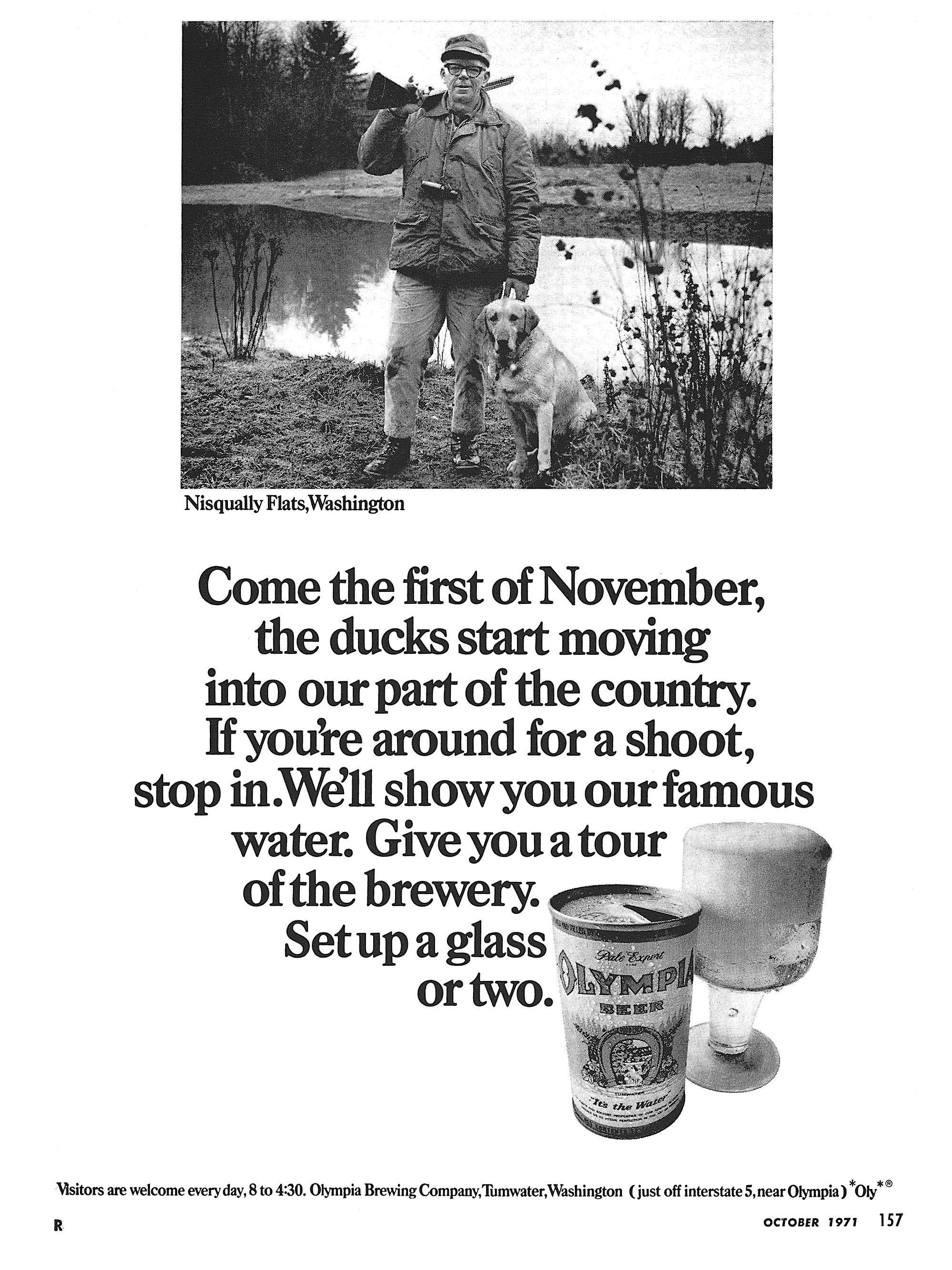 A vintage black and white magazine ad from Outdoor Life showing a can of Olympia beer.