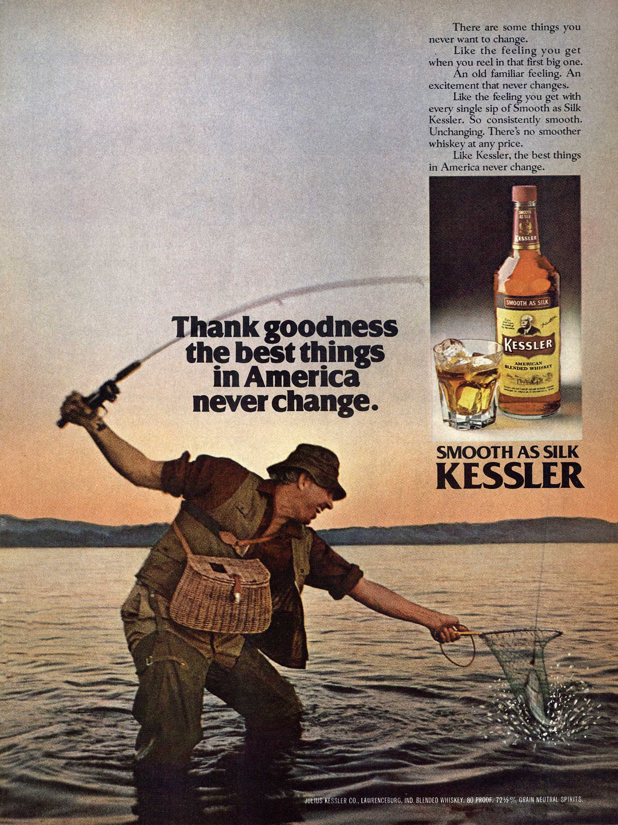 A vintage magazine ad from Outdoor Life showing a fisherman and a bottle of Kessler.