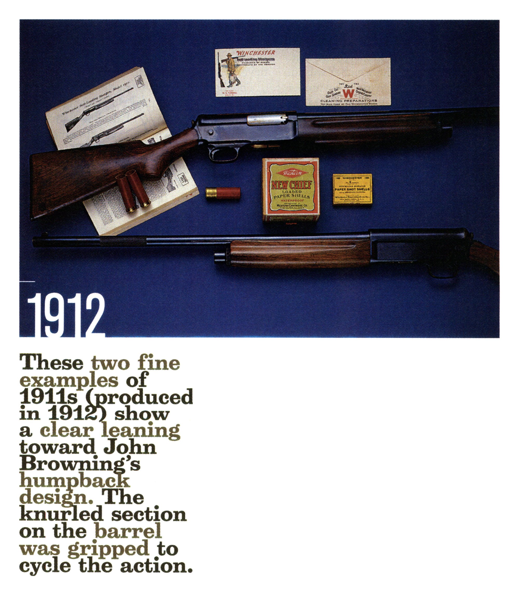 Two Winchester Model 1911 autoloading shotguns made in 1912 on a blue background, with a vintage Winchester catalog, paper shotshells and a New Chief shell box.