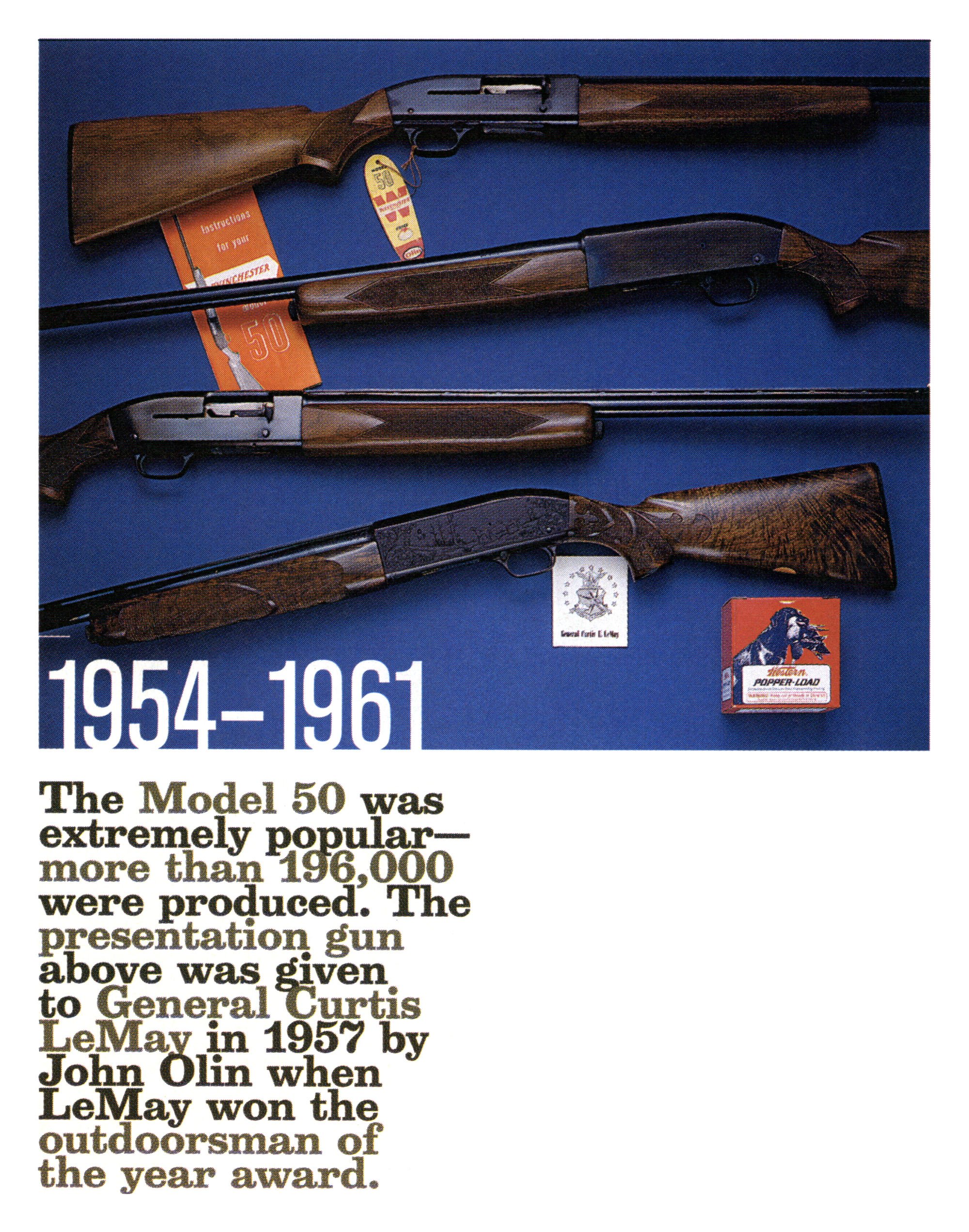 Four Winchester Model 50 autoloading shotguns on a blue background, including an engraved presentation gun with a fancy walnut stock, beside an owner’s manual and a box of Western shells.